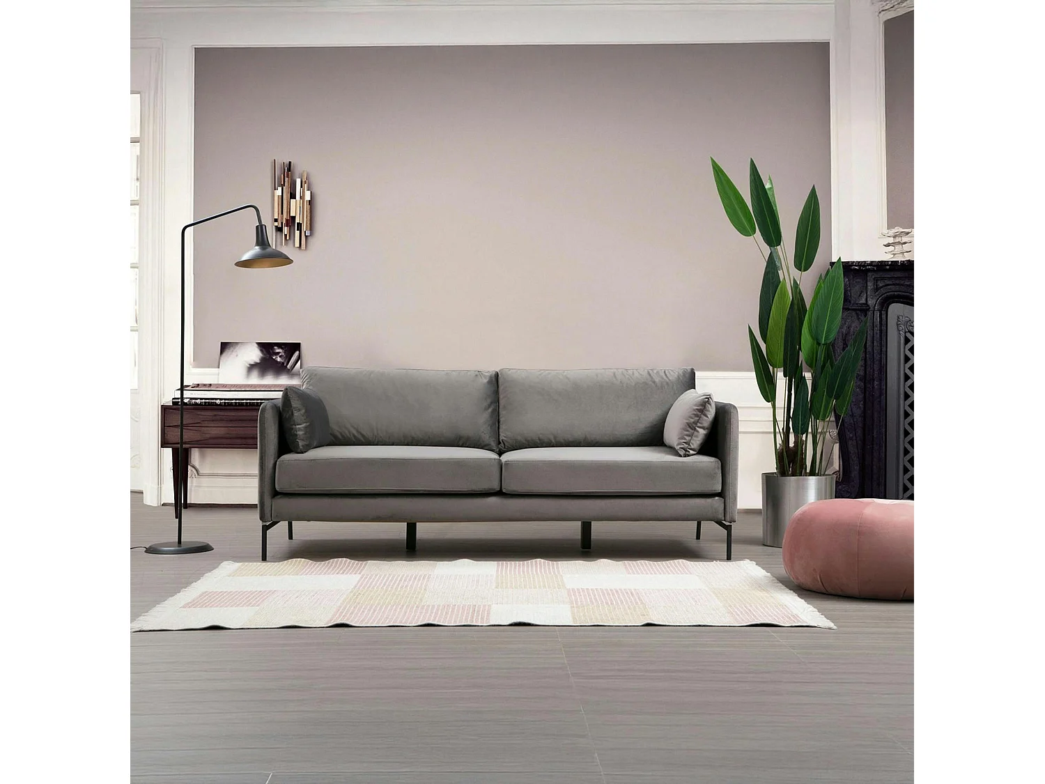 Canapé en velours 3 places gris, accoudoirs fins RANCHI