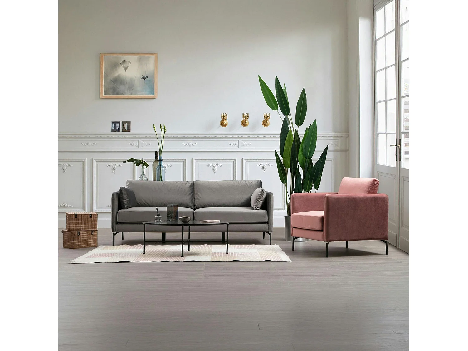 Canapé en velours 3 places gris, accoudoirs fins RANCHI