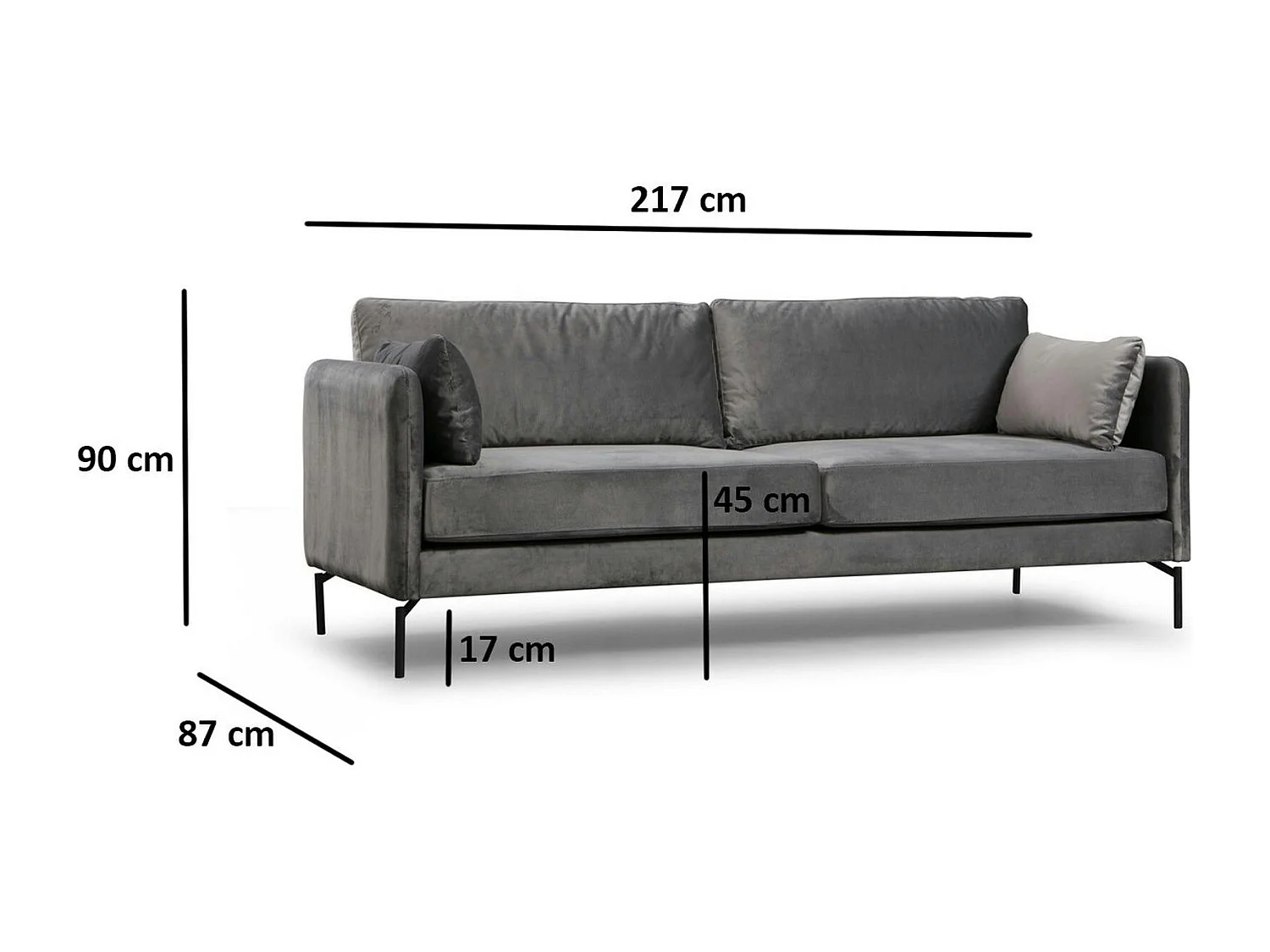 Canapé en velours 3 places gris, accoudoirs fins RANCHI