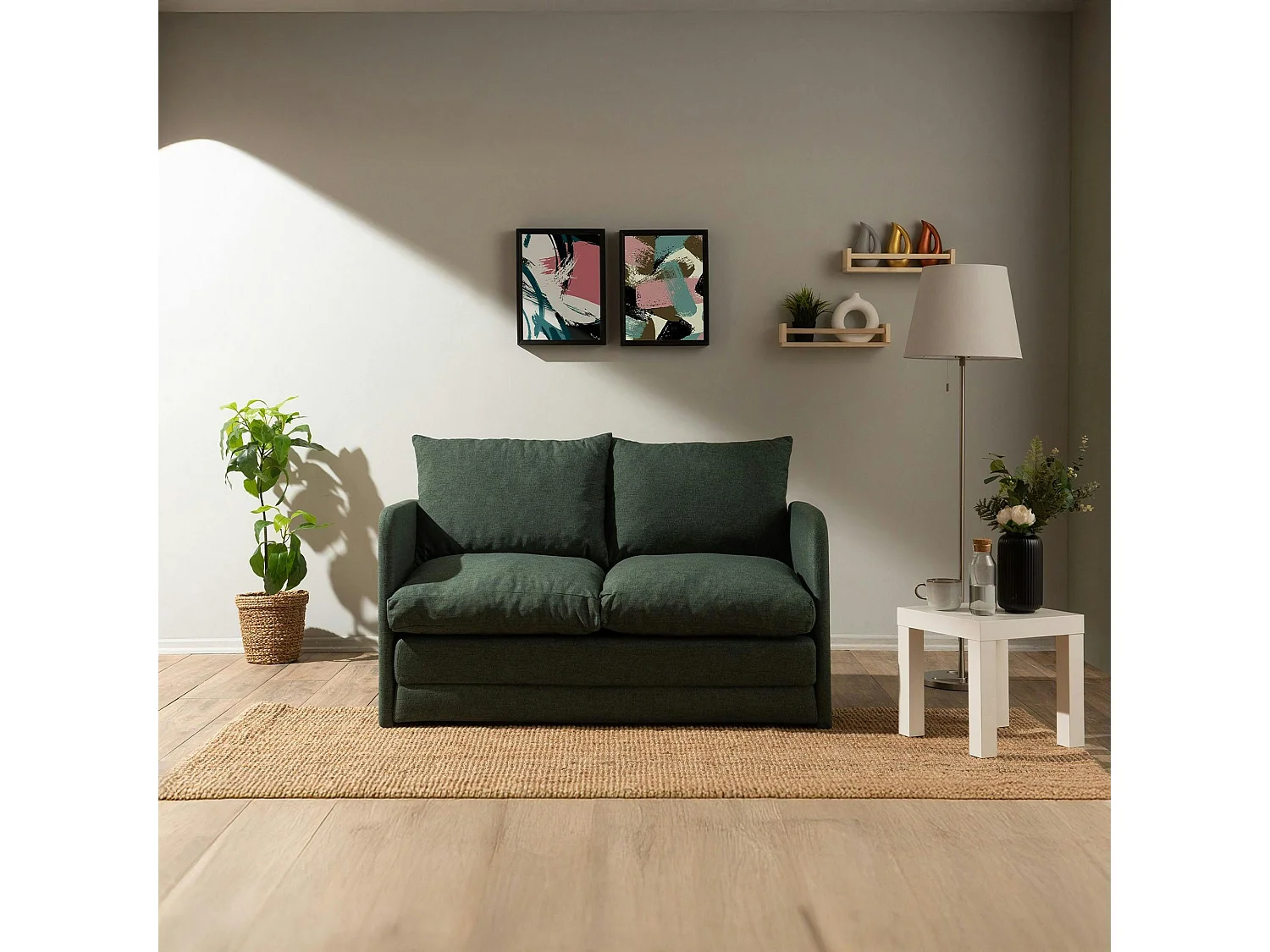 Canapé-lit d'appoint en lin vert foncé, 2 personnes ORURO