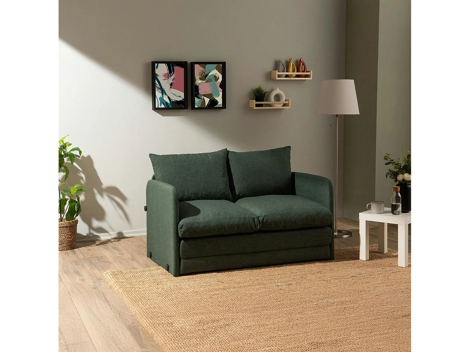 Canapé-lit d'appoint en lin vert foncé, 2 personnes ORURO