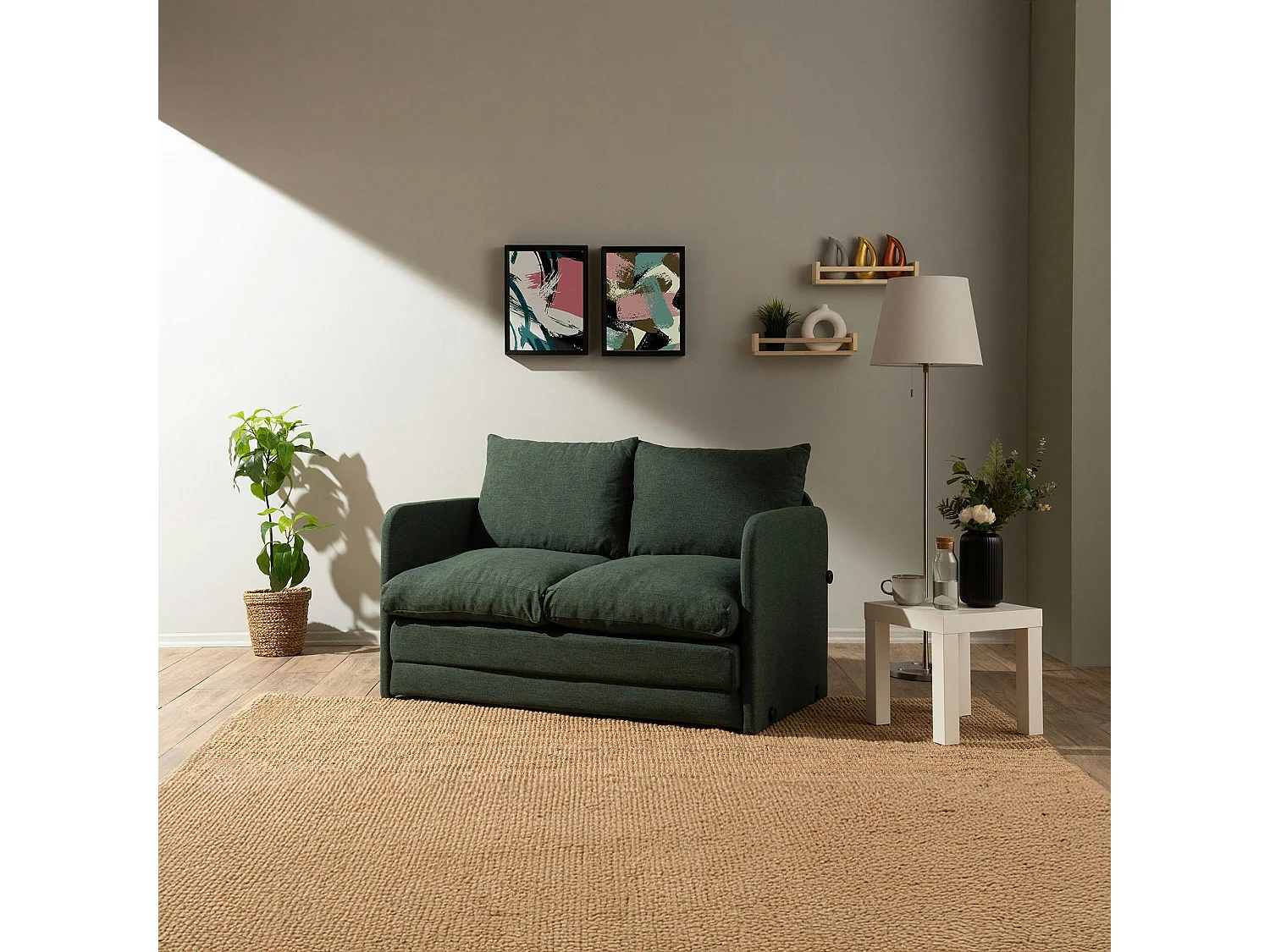 Canapé-lit d'appoint en lin vert foncé, 2 personnes ORURO