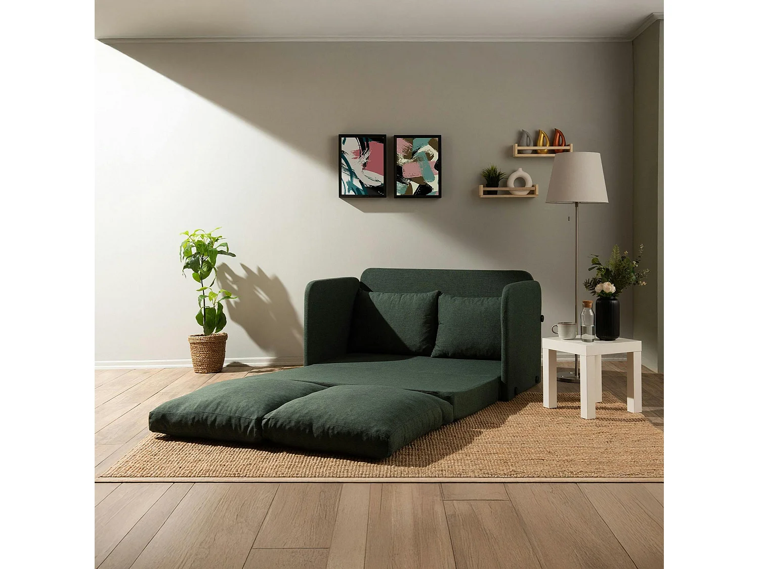 Canapé-lit d'appoint en lin vert foncé, 2 personnes ORURO