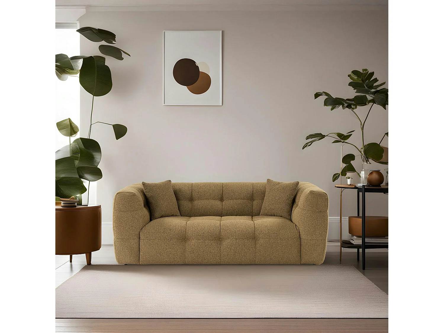 Canapé 2 places capitonné kaki, coussins assortis RAVELLO