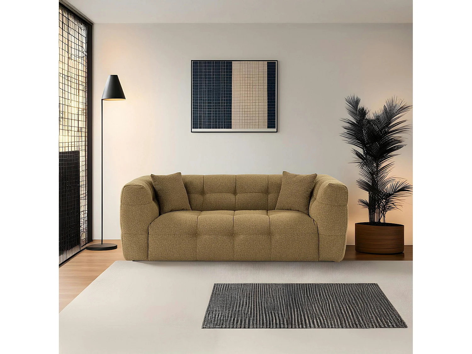 Canapé 2 places capitonné kaki, coussins assortis RAVELLO