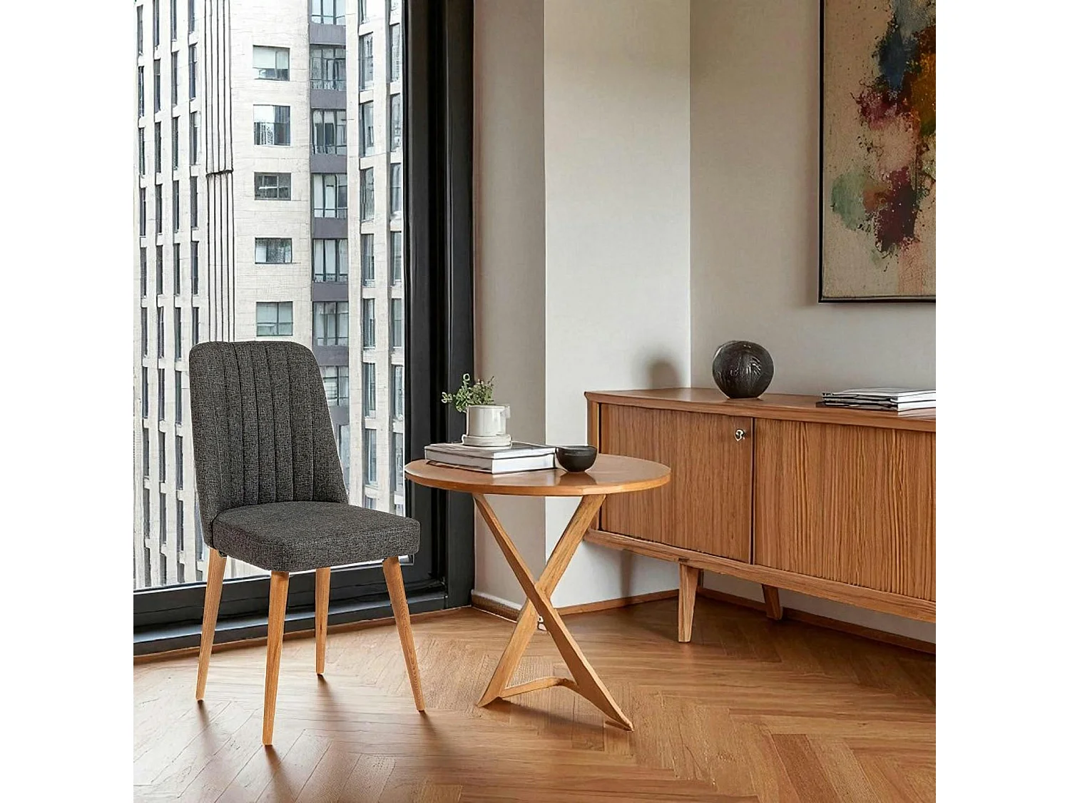 Chaise en lin gris - dossier rainuré et pieds bois ROSARIO
