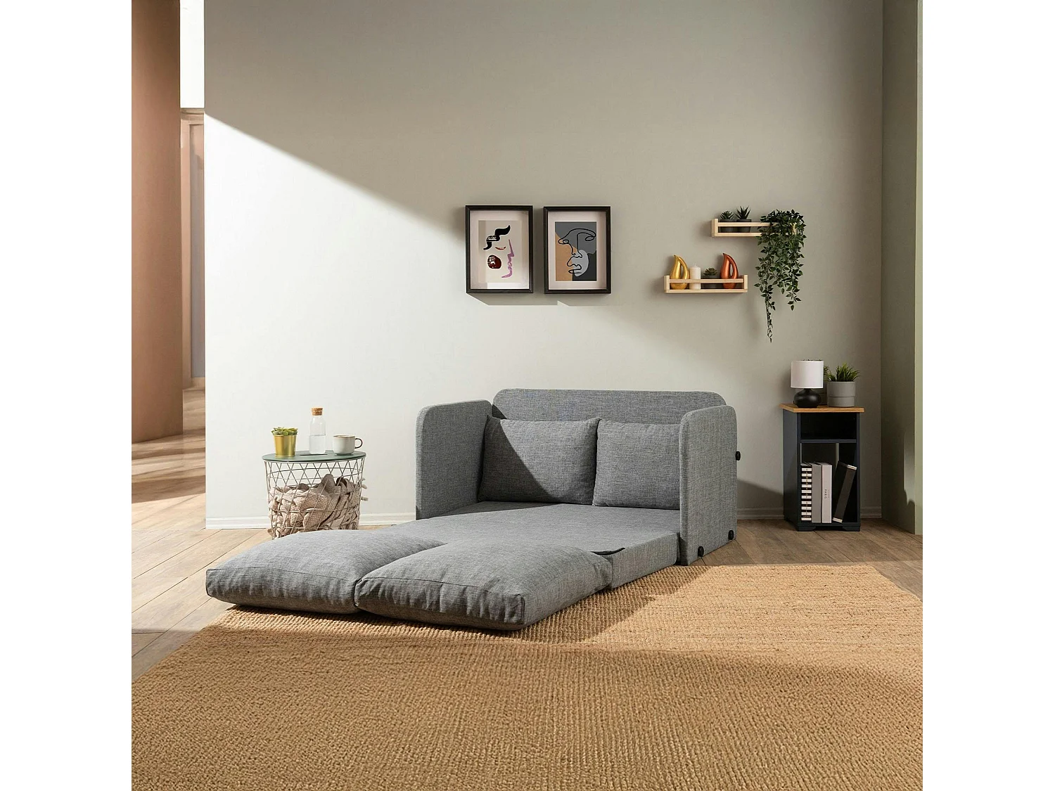 Canapé-lit d'appoint en lin gris chiné, 2 personnes ORURO