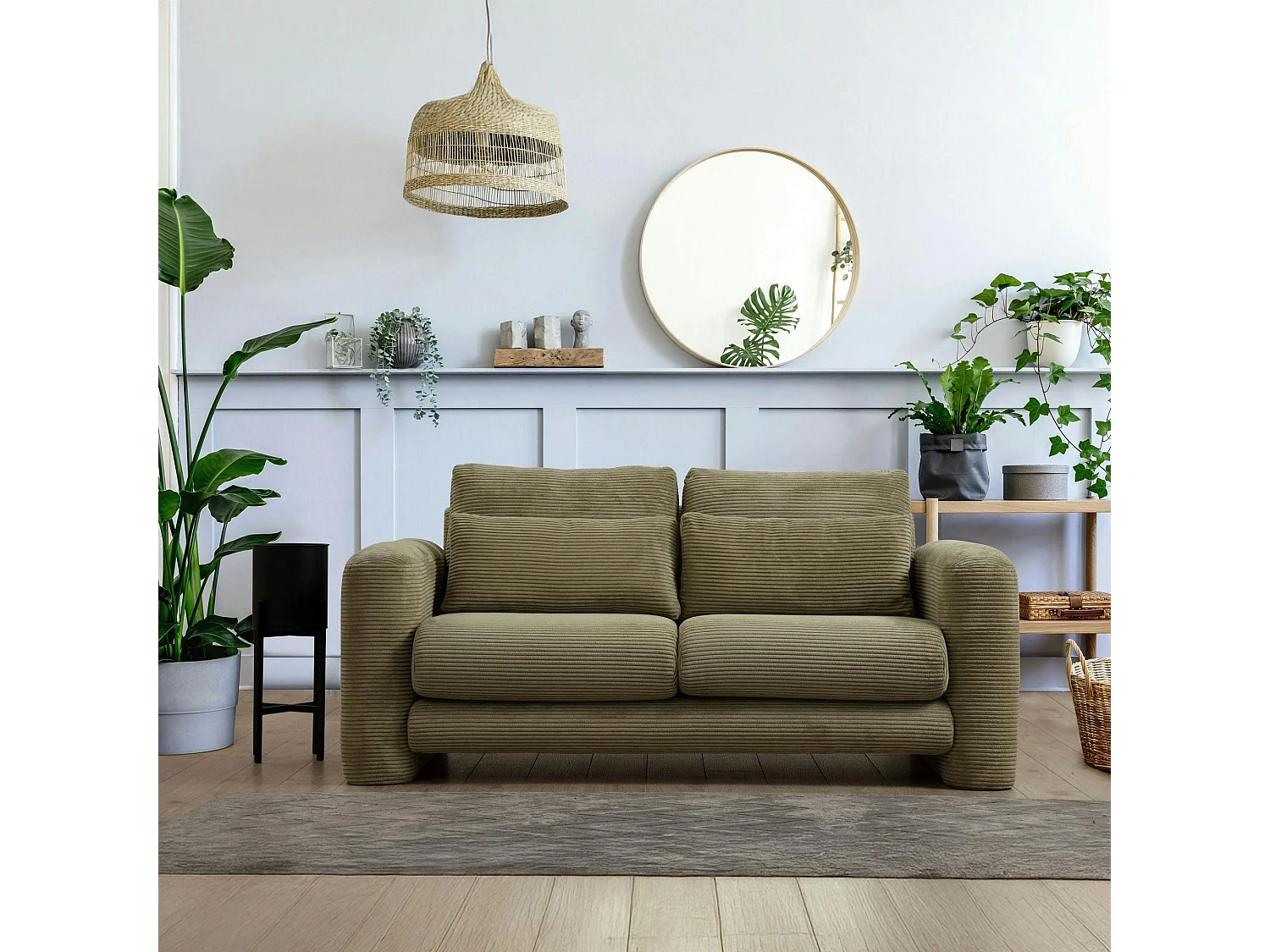 Canapé 2 places vert velours côtelé, lignes arrondies LUCCA