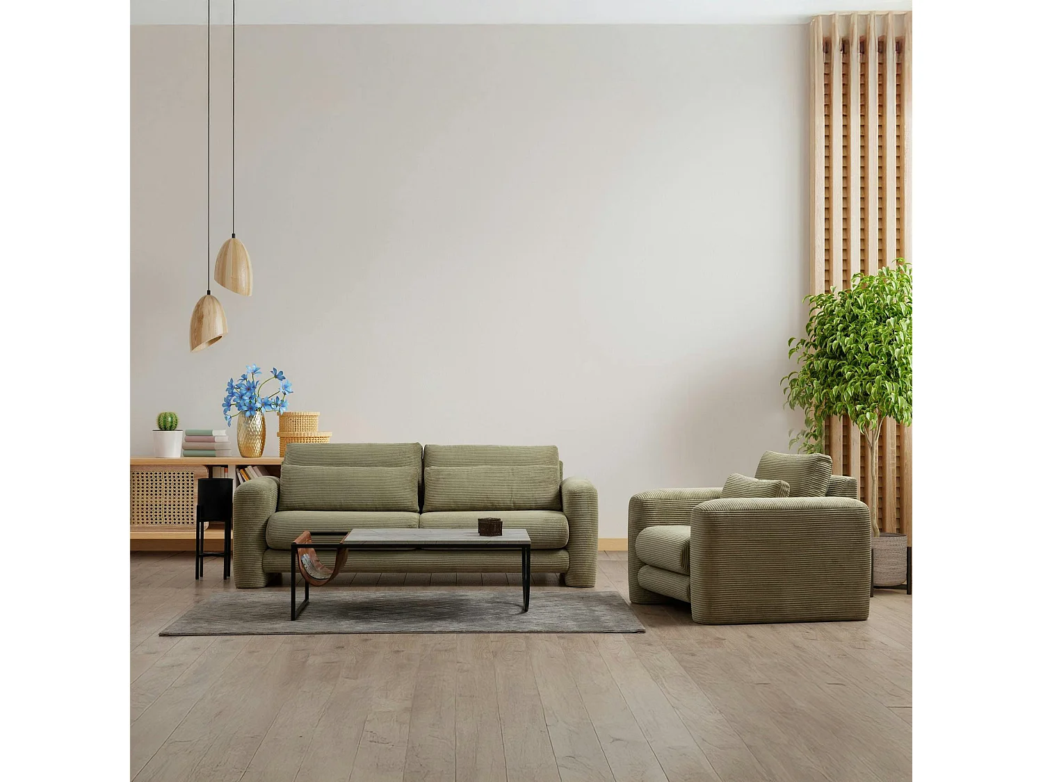 Canapé 2 places vert velours côtelé, lignes arrondies LUCCA