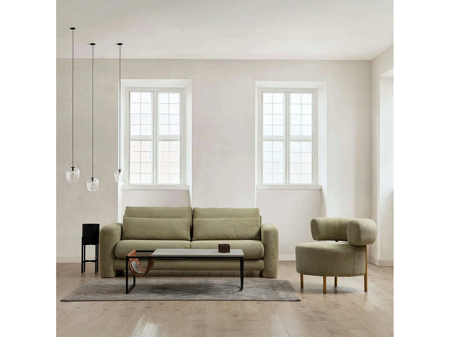 Canapé 2 places vert velours côtelé, lignes arrondies LUCCA