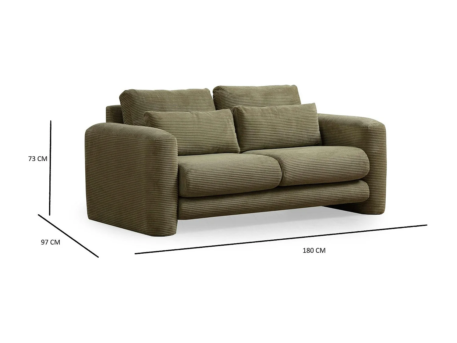 Canapé 2 places vert velours côtelé, lignes arrondies LUCCA