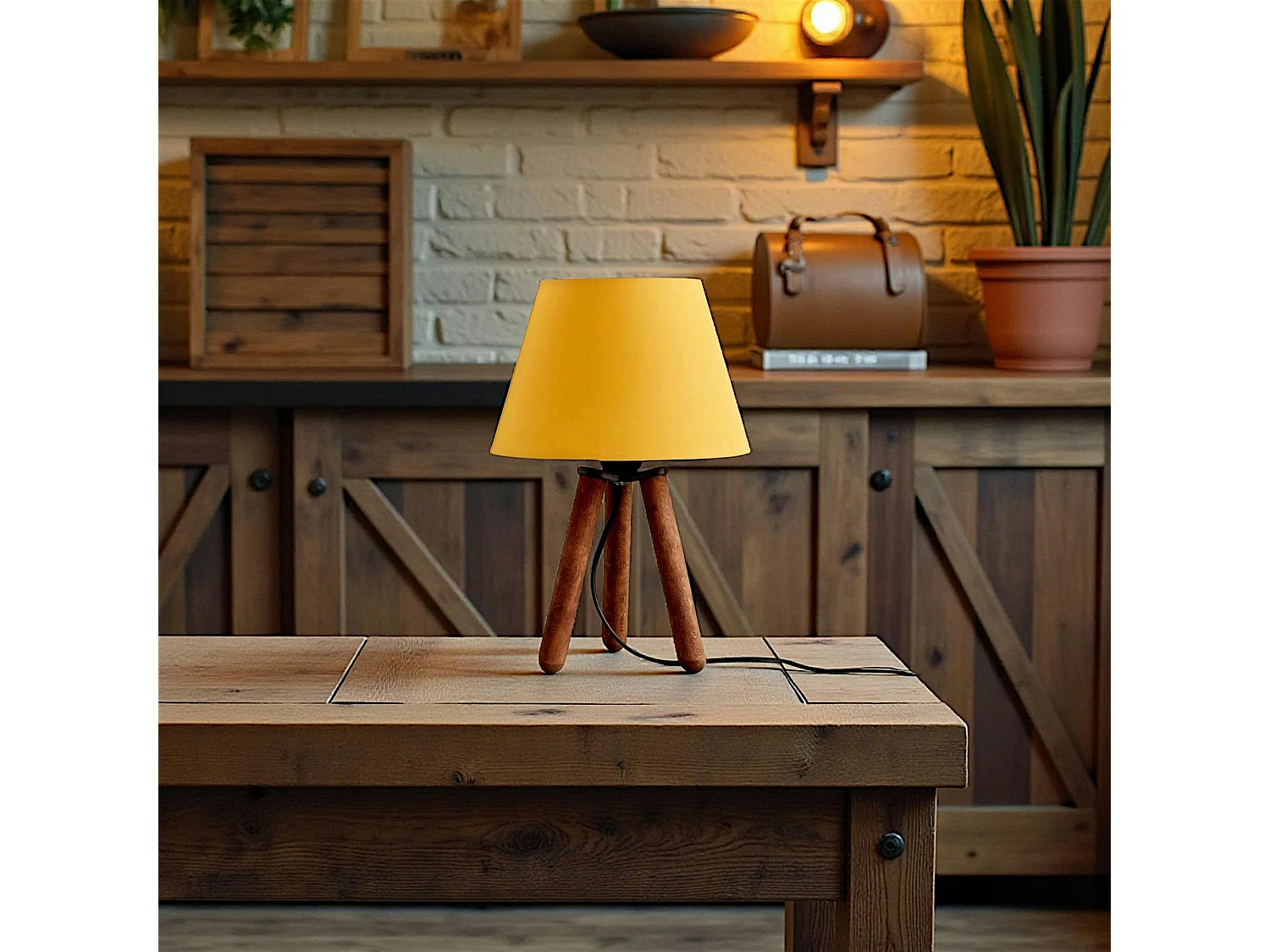 Lampe de chevet trépied moderne, abat-jour jaune KILIS