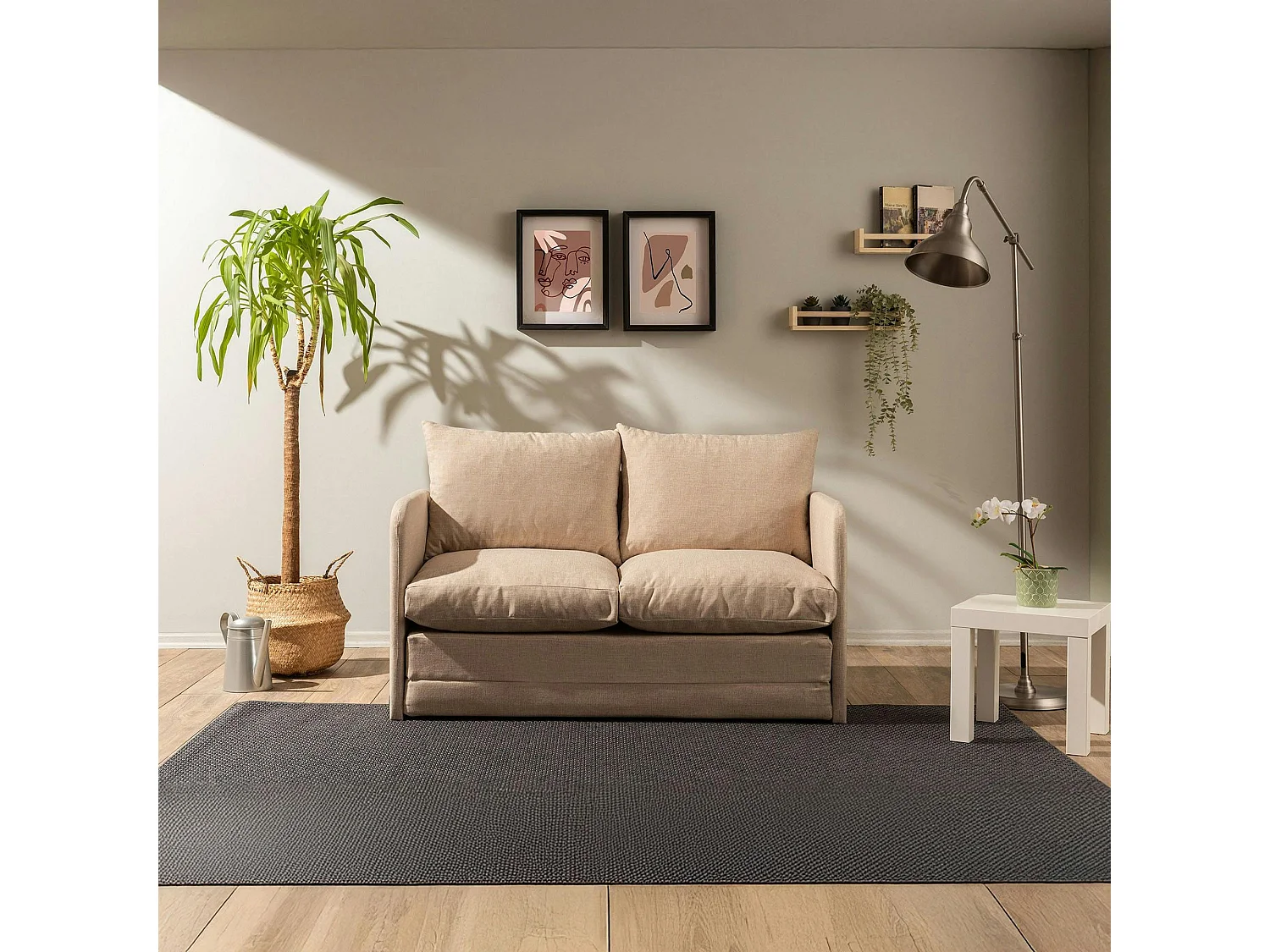 Canapé-lit d'appoint beige 2 personnes, tissu lin ORURO