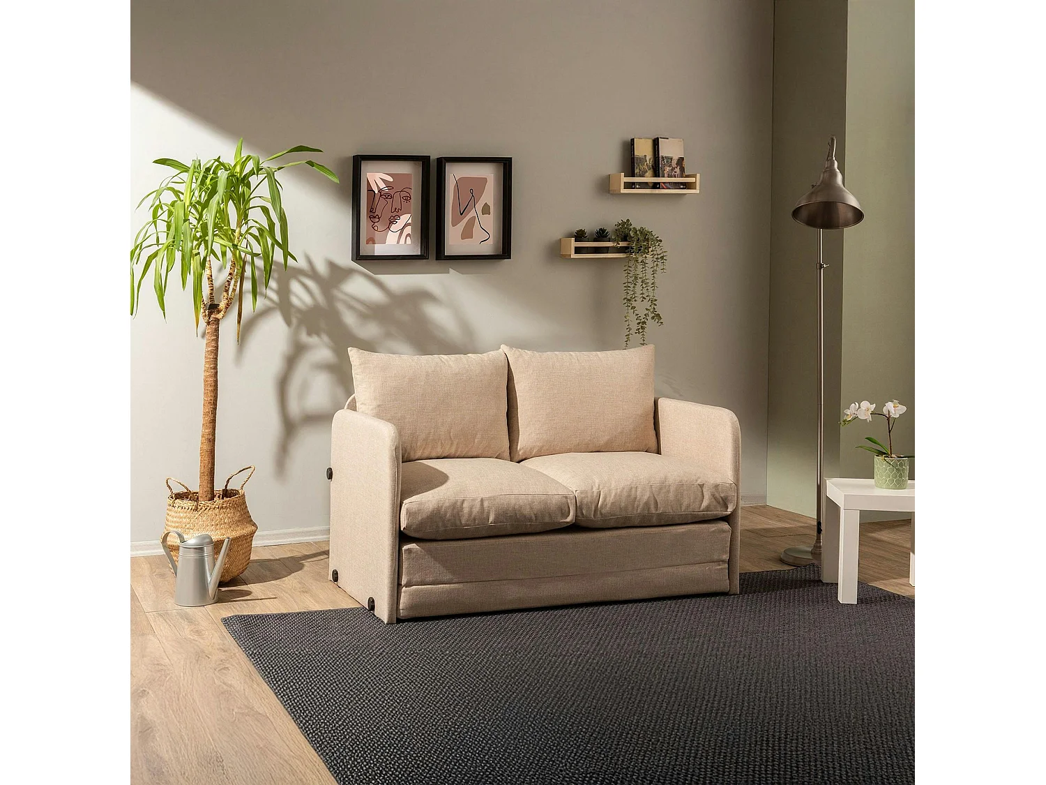 Canapé-lit d'appoint beige 2 personnes, tissu lin ORURO