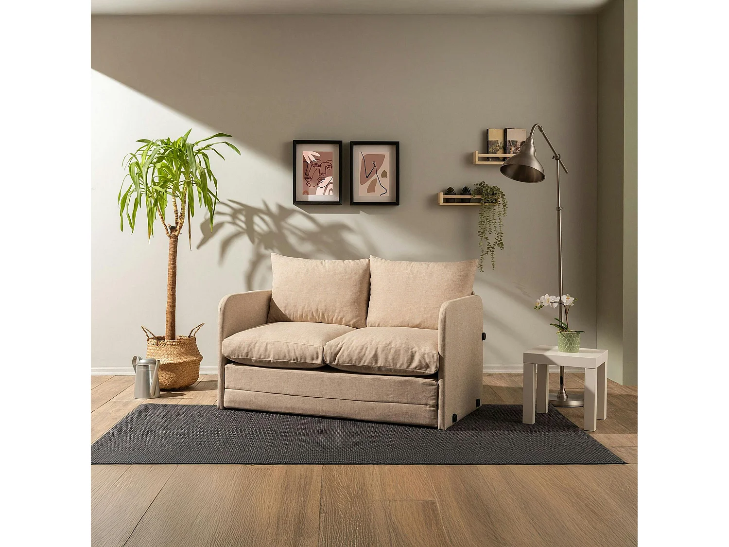 Canapé-lit d'appoint beige 2 personnes, tissu lin ORURO