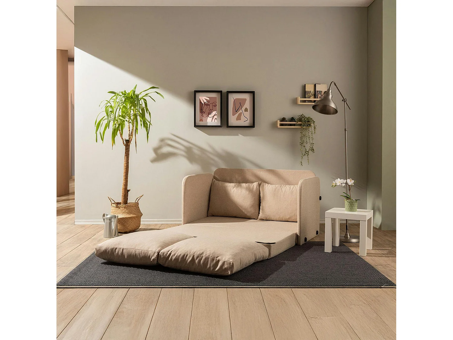 Canapé-lit d'appoint beige 2 personnes, tissu lin ORURO