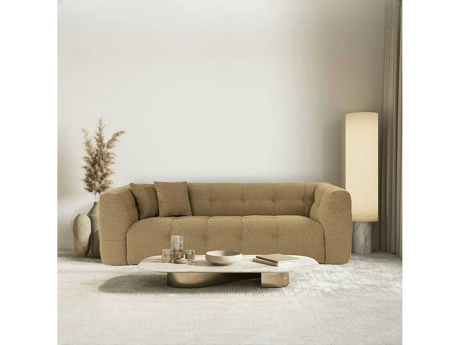 Canapé 3 places capitonné kaki, coussins assortis RAVELLO