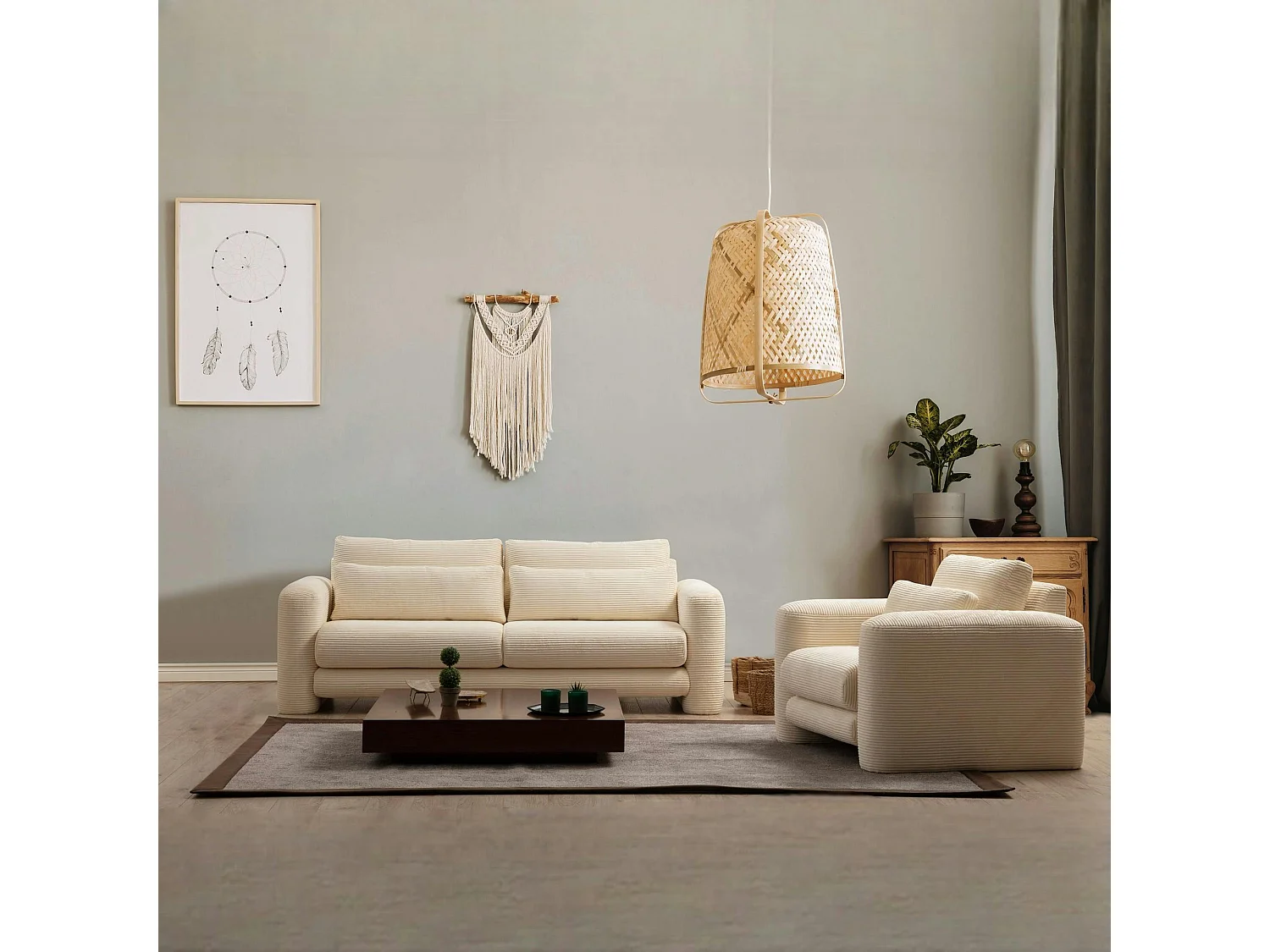 Canapé 3 places beige velours côtelé, lignes arrondies LUCCA