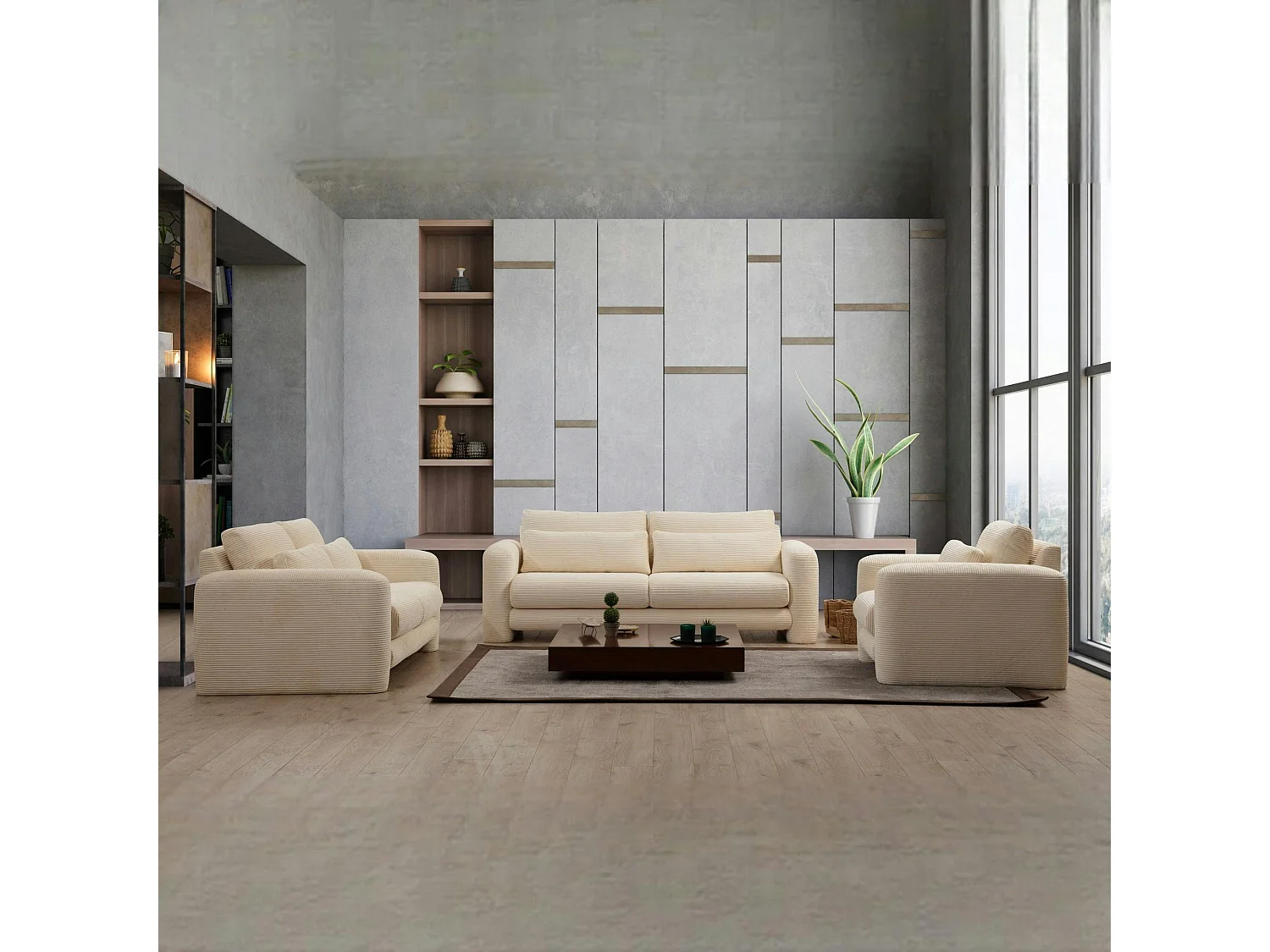 Canapé 3 places beige velours côtelé, lignes arrondies LUCCA