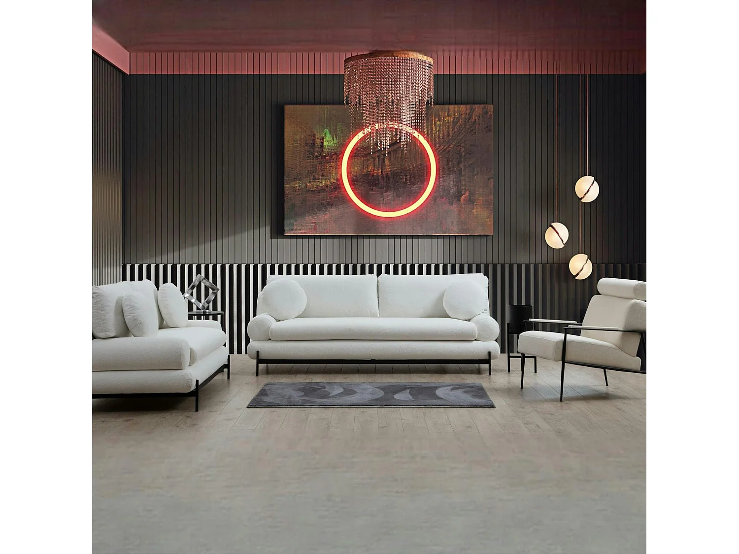 Canapé 3 places blanc bouclette, coussins ronds SION