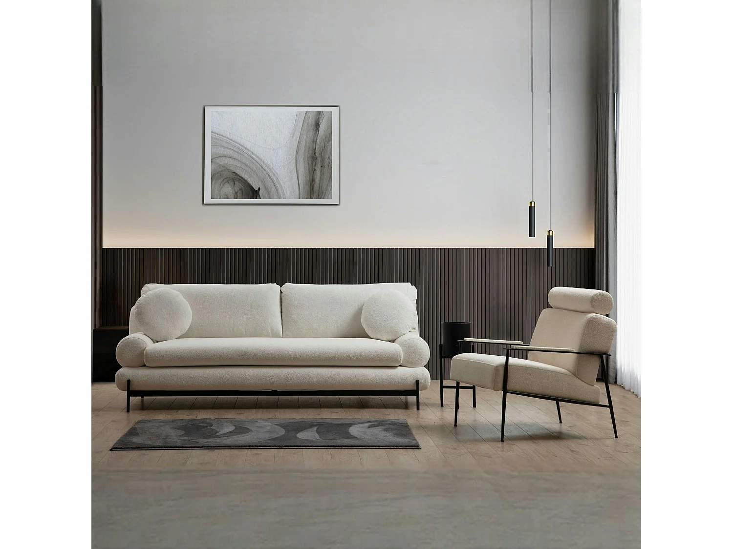 Canapé 3 places blanc bouclette, coussins ronds SION