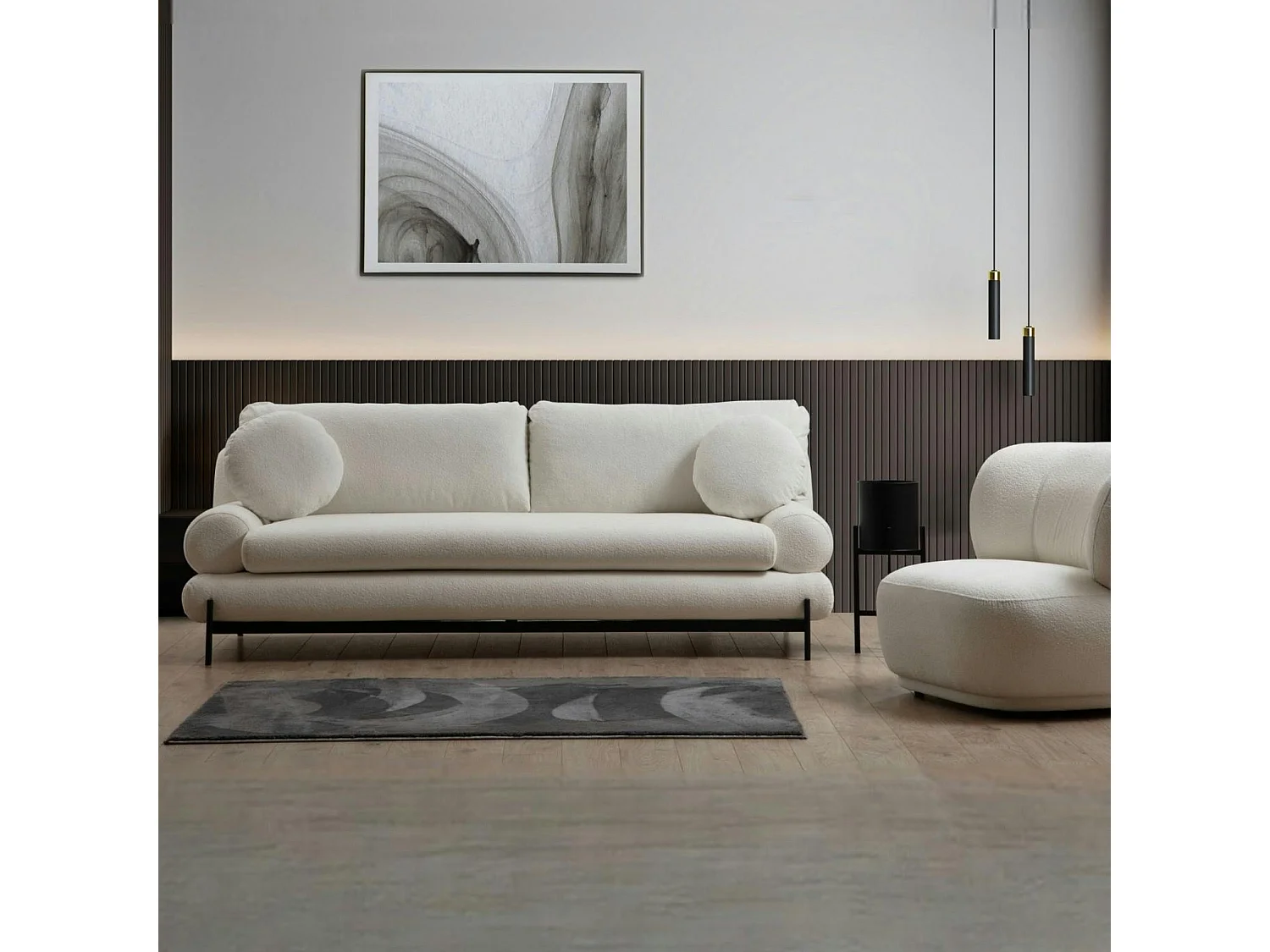 Canapé 3 places blanc bouclette, coussins ronds SION