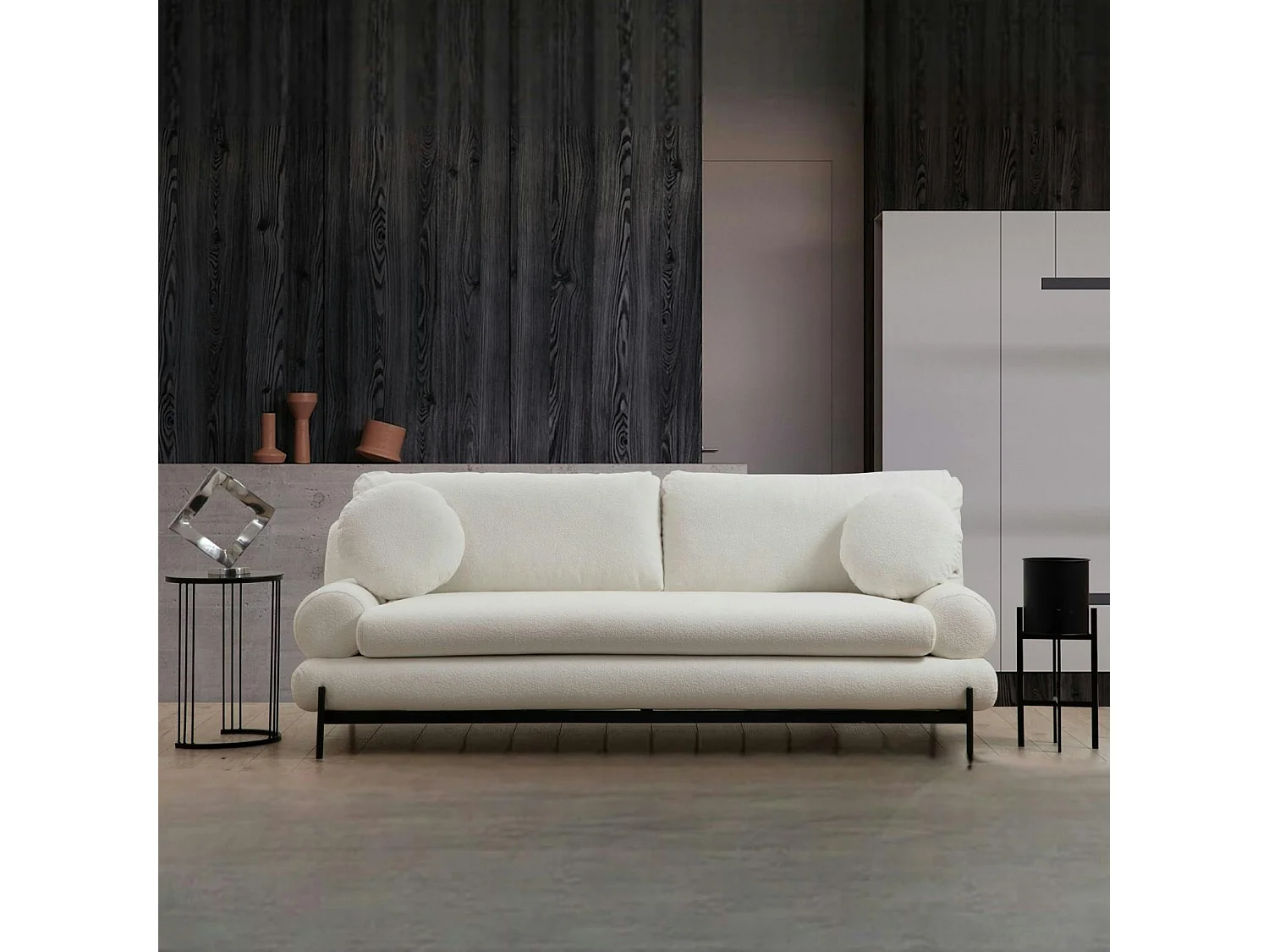 Canapé 3 places blanc bouclette, coussins ronds SION