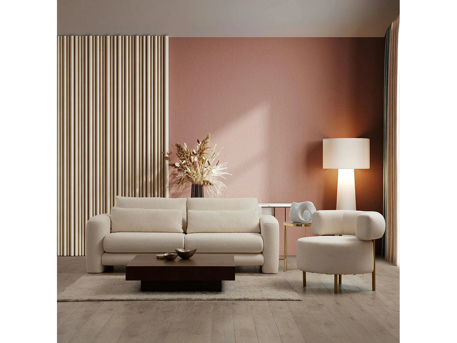 Canapé 2 places écru tissu bouclette, lignes arrondies LUCCA