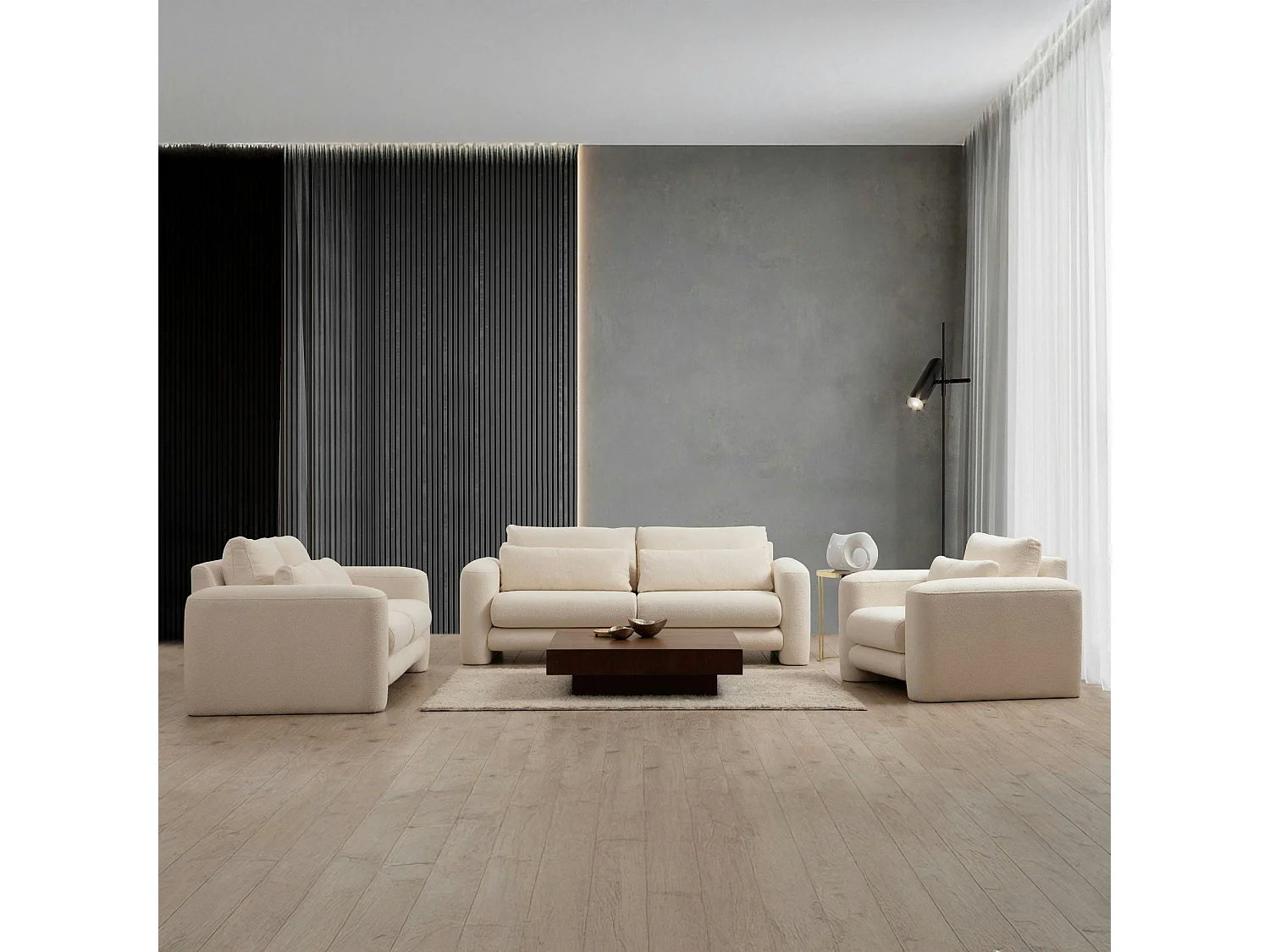 Canapé 2 places écru tissu bouclette, lignes arrondies LUCCA