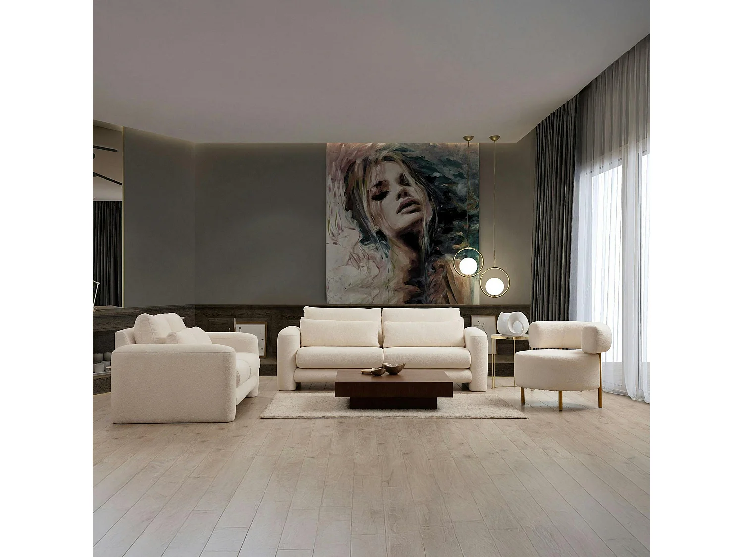 Canapé 2 places écru tissu bouclette, lignes arrondies LUCCA