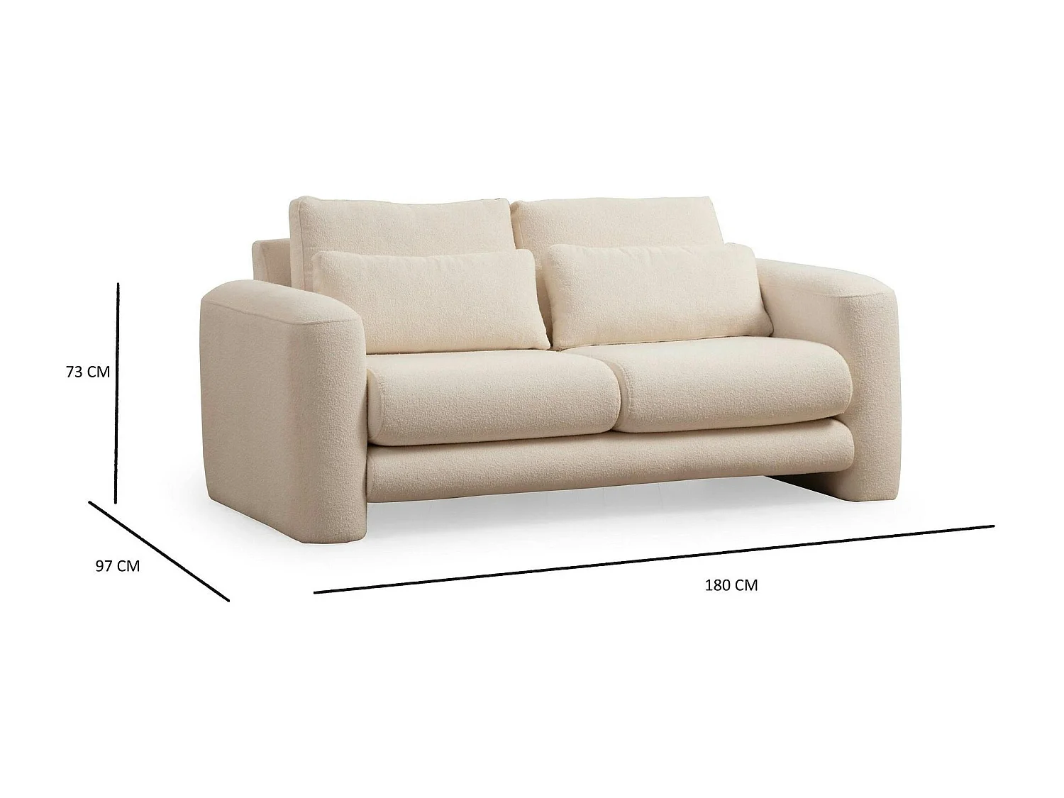 Canapé 2 places écru tissu bouclette, lignes arrondies LUCCA