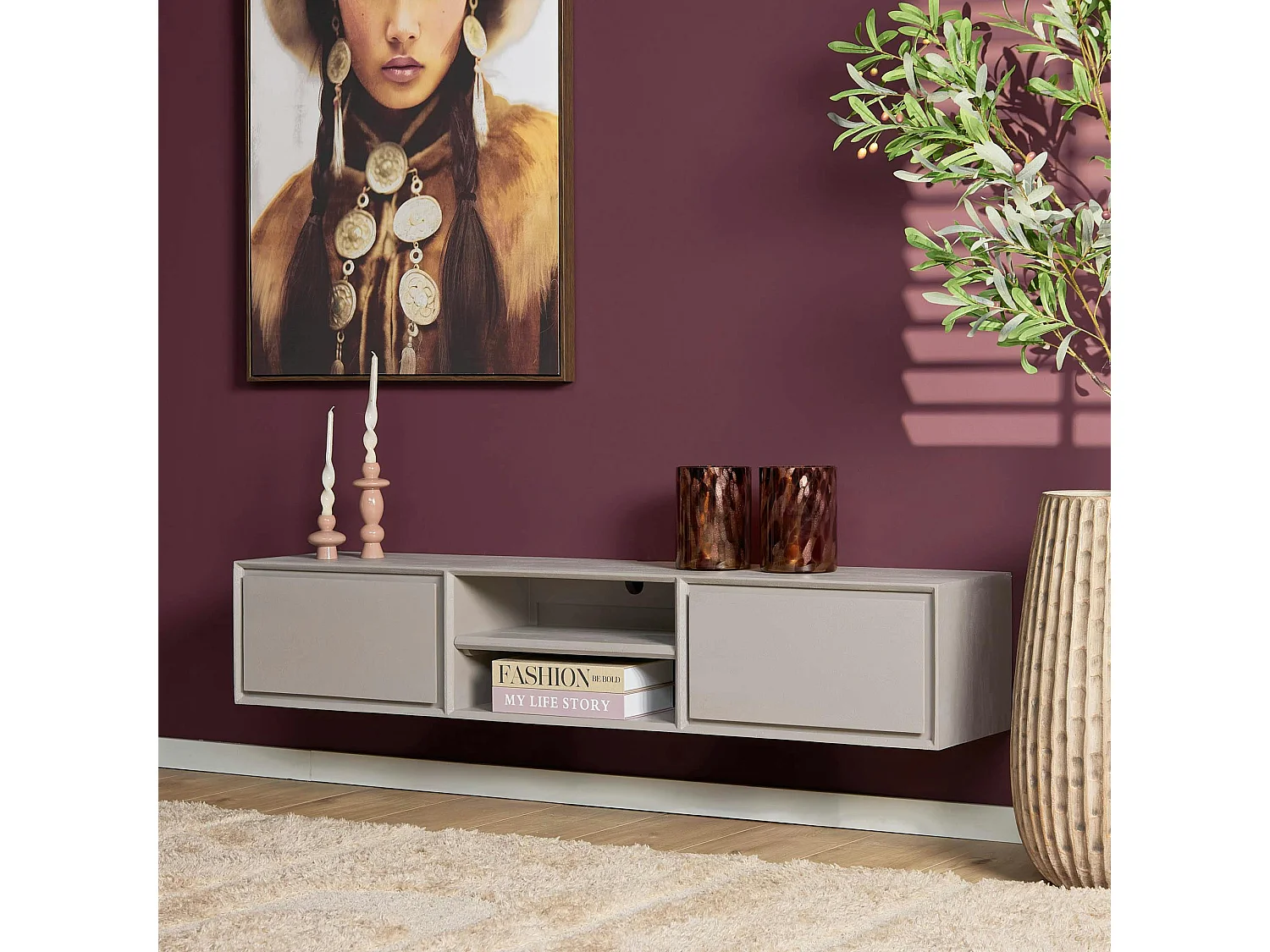 Meuble TV suspendu bois taupe 2 tiroirs 1 niche AERA