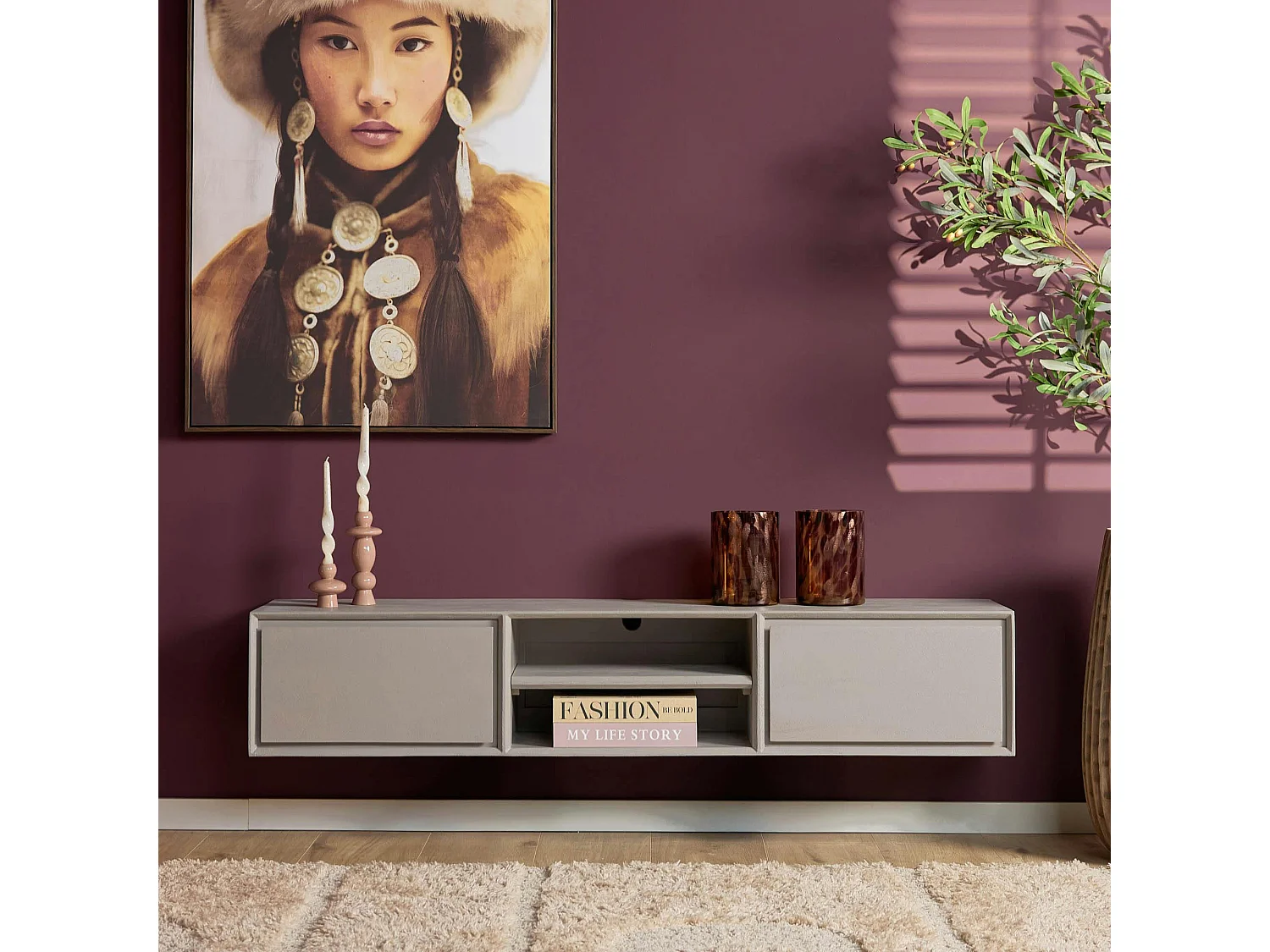 Meuble TV suspendu bois taupe 2 tiroirs 1 niche AERA