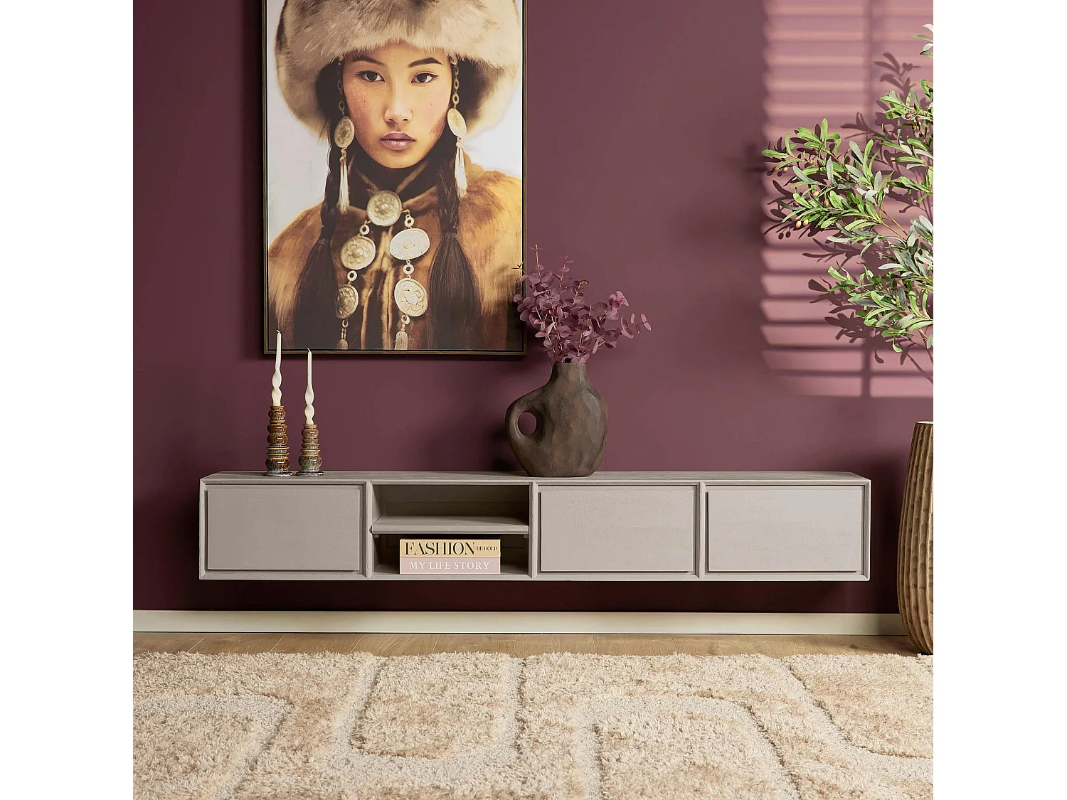 Meuble TV suspendu bois taupe 3 tiroirs 1 niche 200 cm AERA