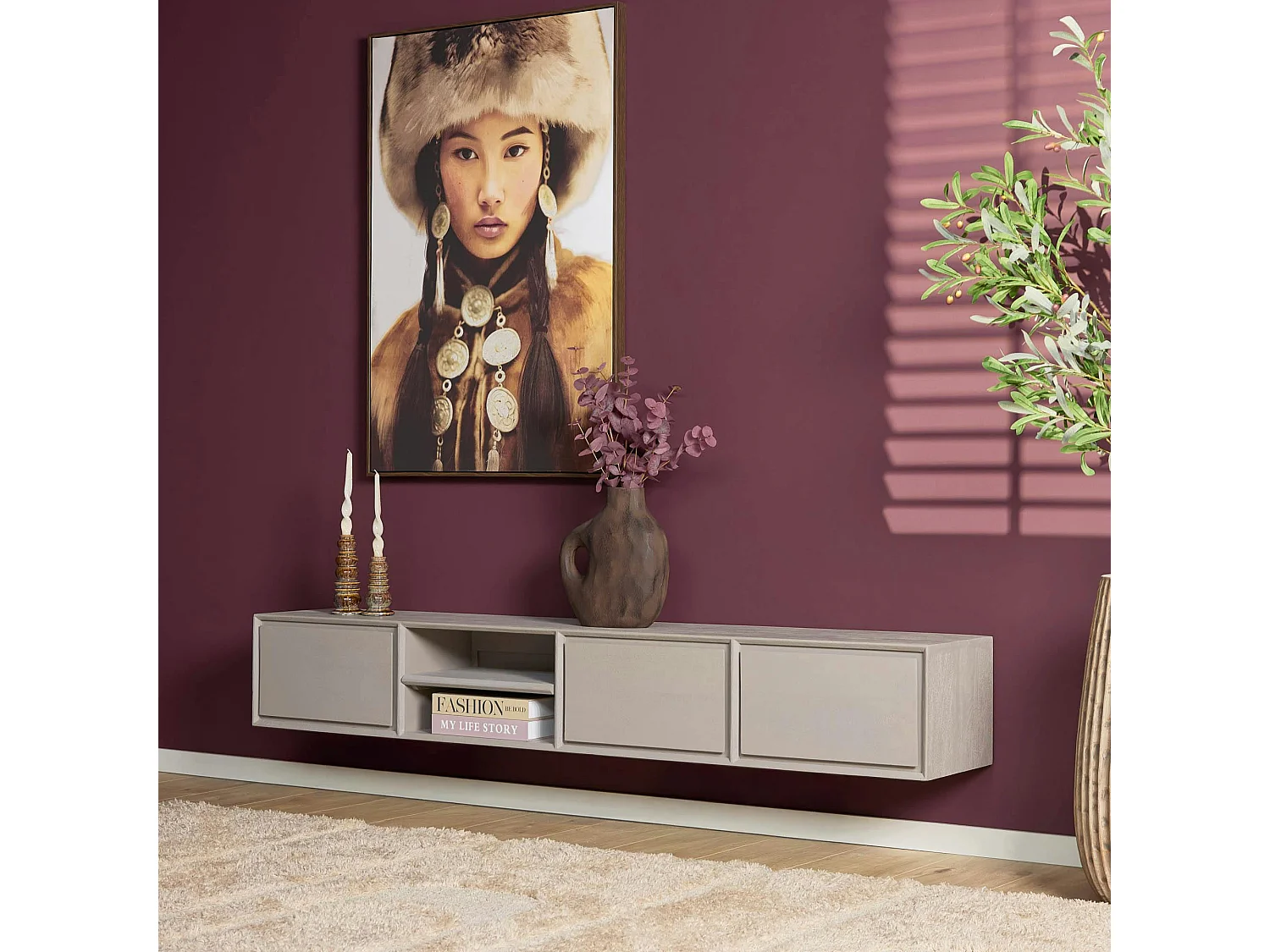 Long meuble TV suspendu bois taupe 3 tiroirs 1 niche 280 cm AERA