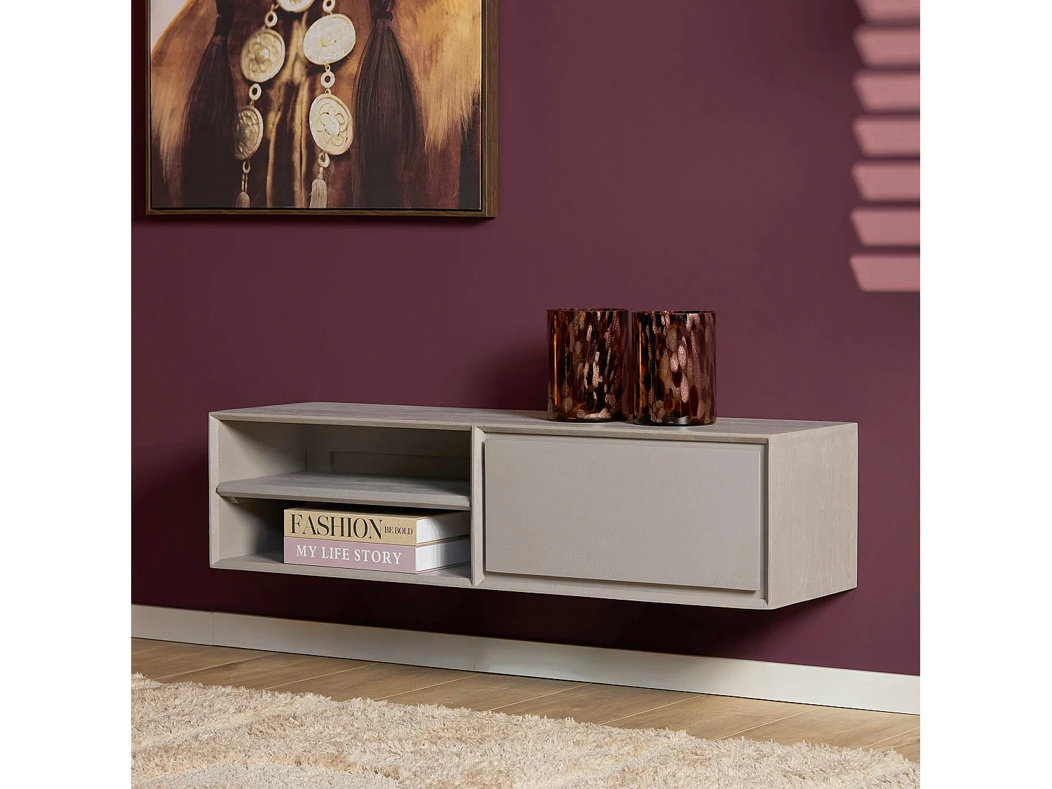 Meuble TV suspendu bois taupe 1 tiroir 1 niche AERA