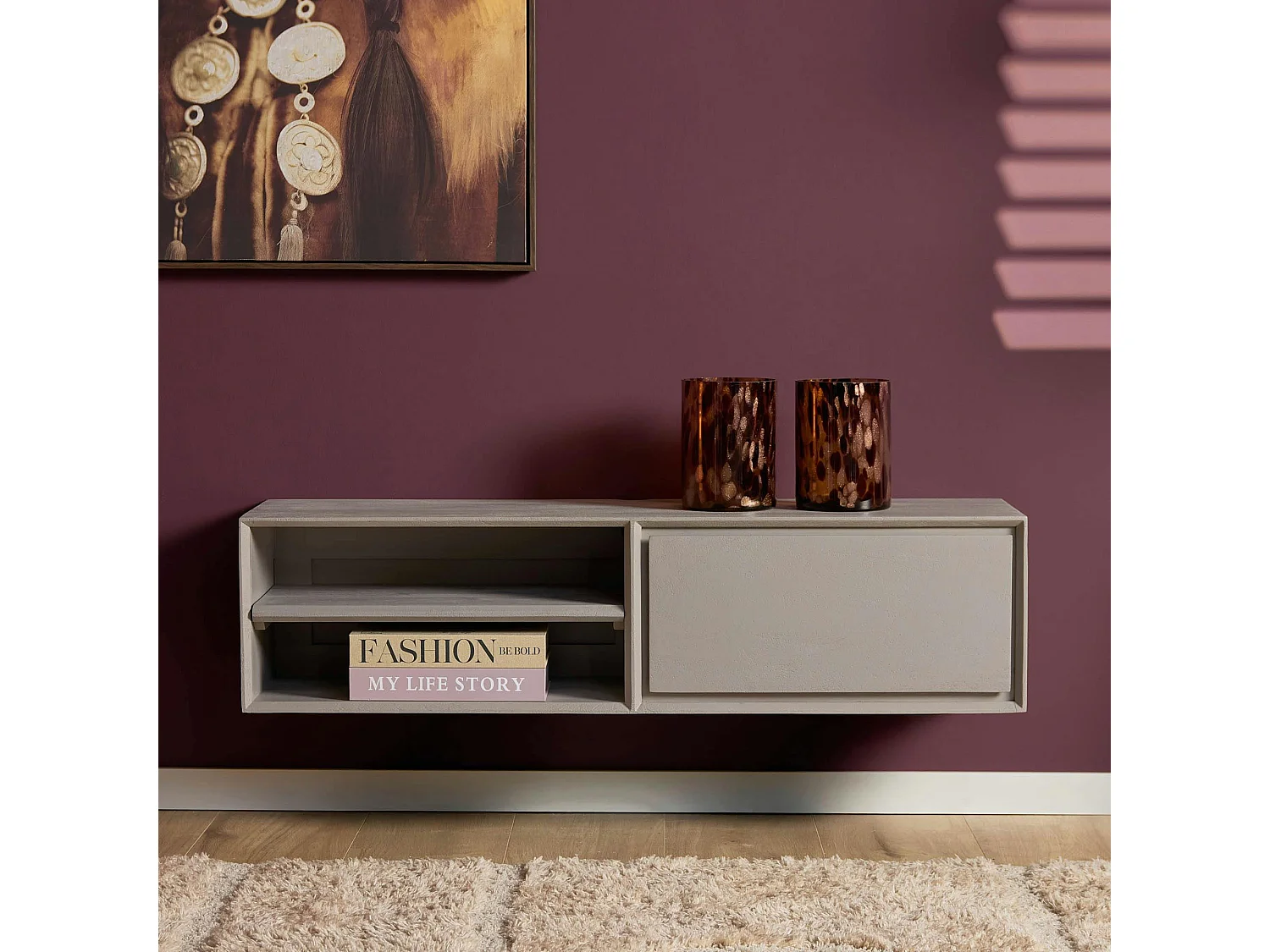 Meuble TV suspendu bois taupe 1 tiroir 1 niche AERA