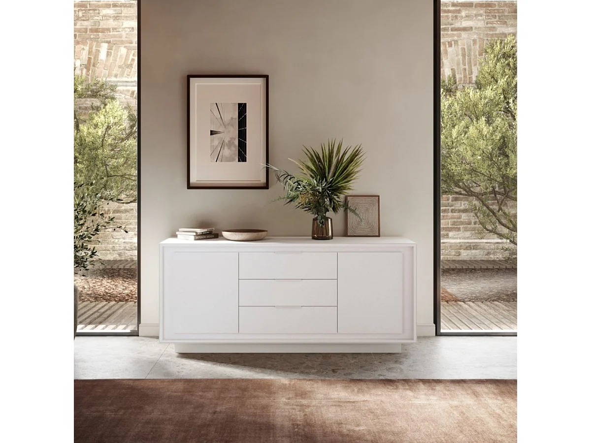 Buffet 2 portes 3 tiroirs blanc laqué piètement socle - AZONTO