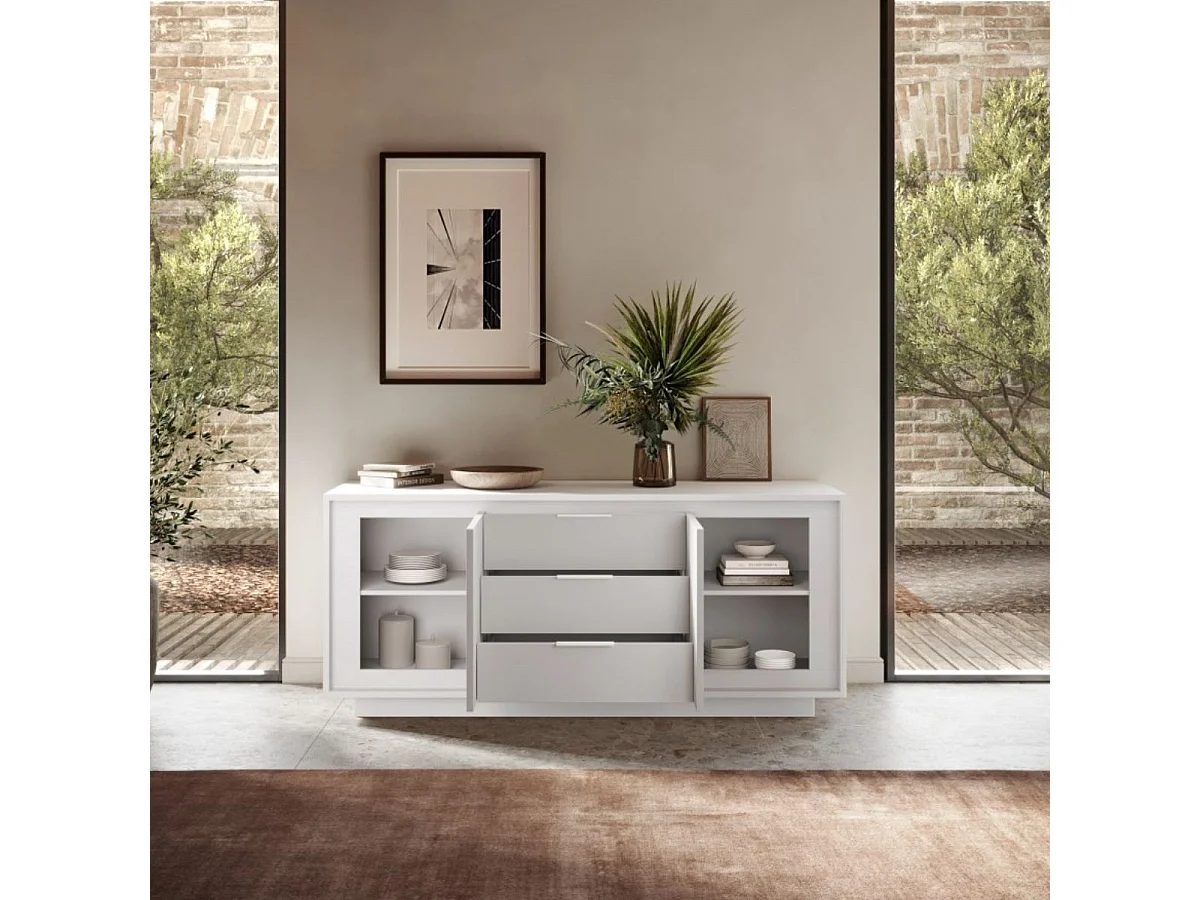 Buffet 2 portes 3 tiroirs blanc laqué piètement socle - AZONTO