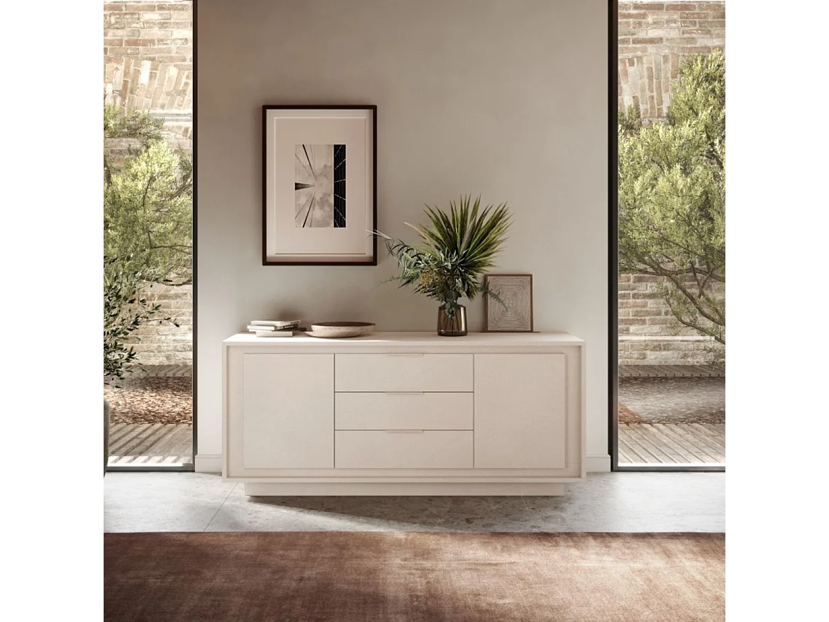 Buffet 2 portes 3 tiroirs beige poudré piètement socle - AZONTO