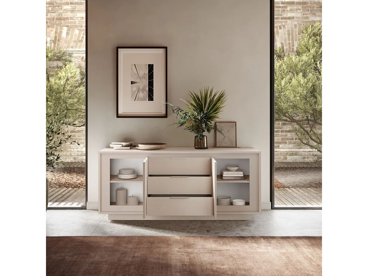 Buffet 2 portes 3 tiroirs beige poudré piètement socle - AZONTO