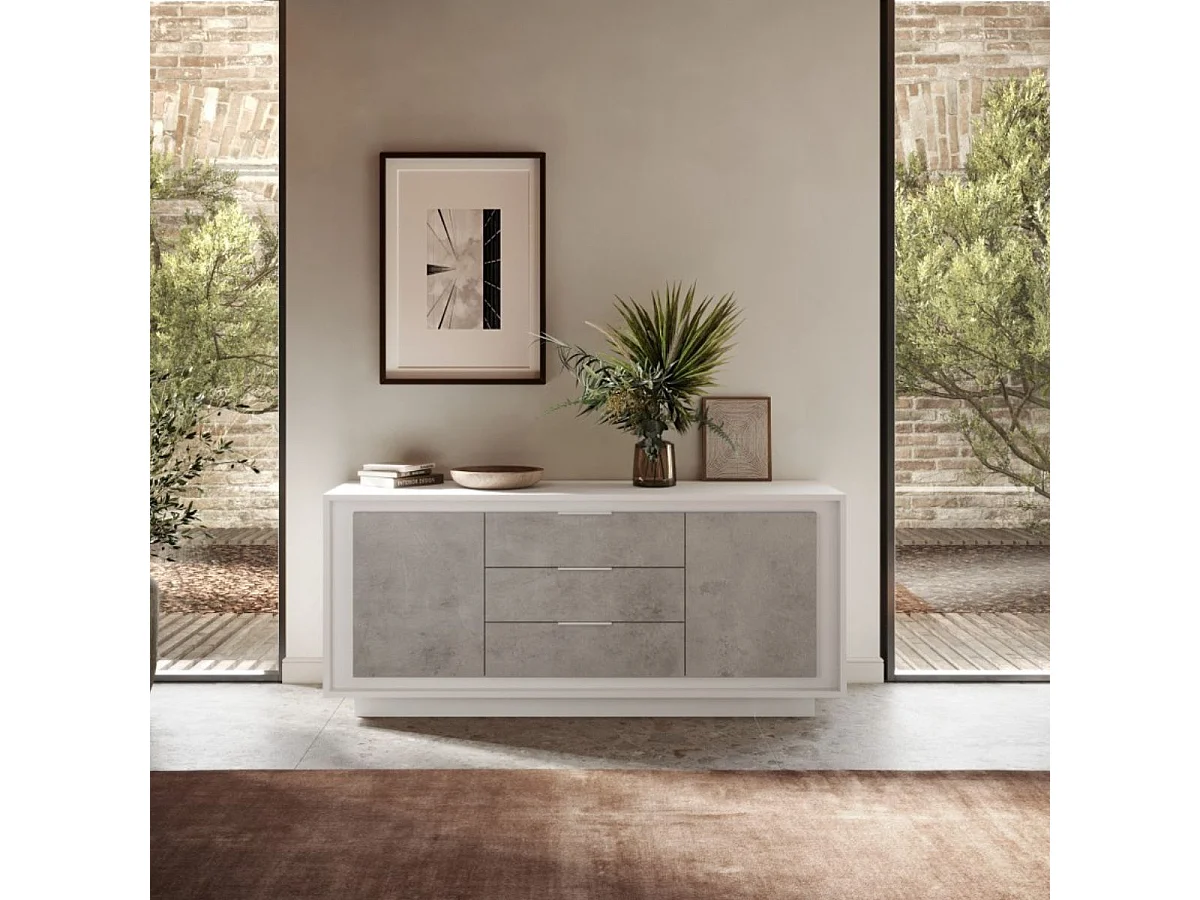 Buffet 2 portes 3 tiroirs blanc laqué façades aspect ciment piètement socle - AZONTO