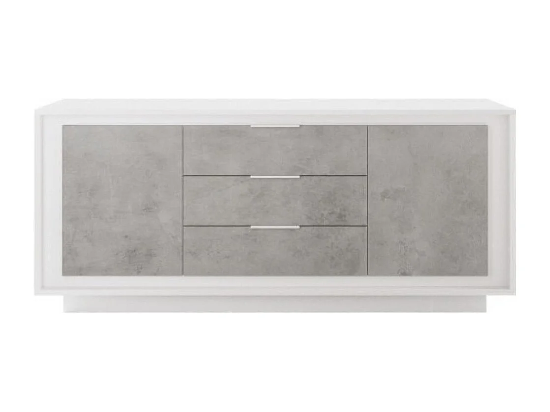 Buffet 2 portes 3 tiroirs blanc laqué façades aspect ciment piètement socle - AZONTO