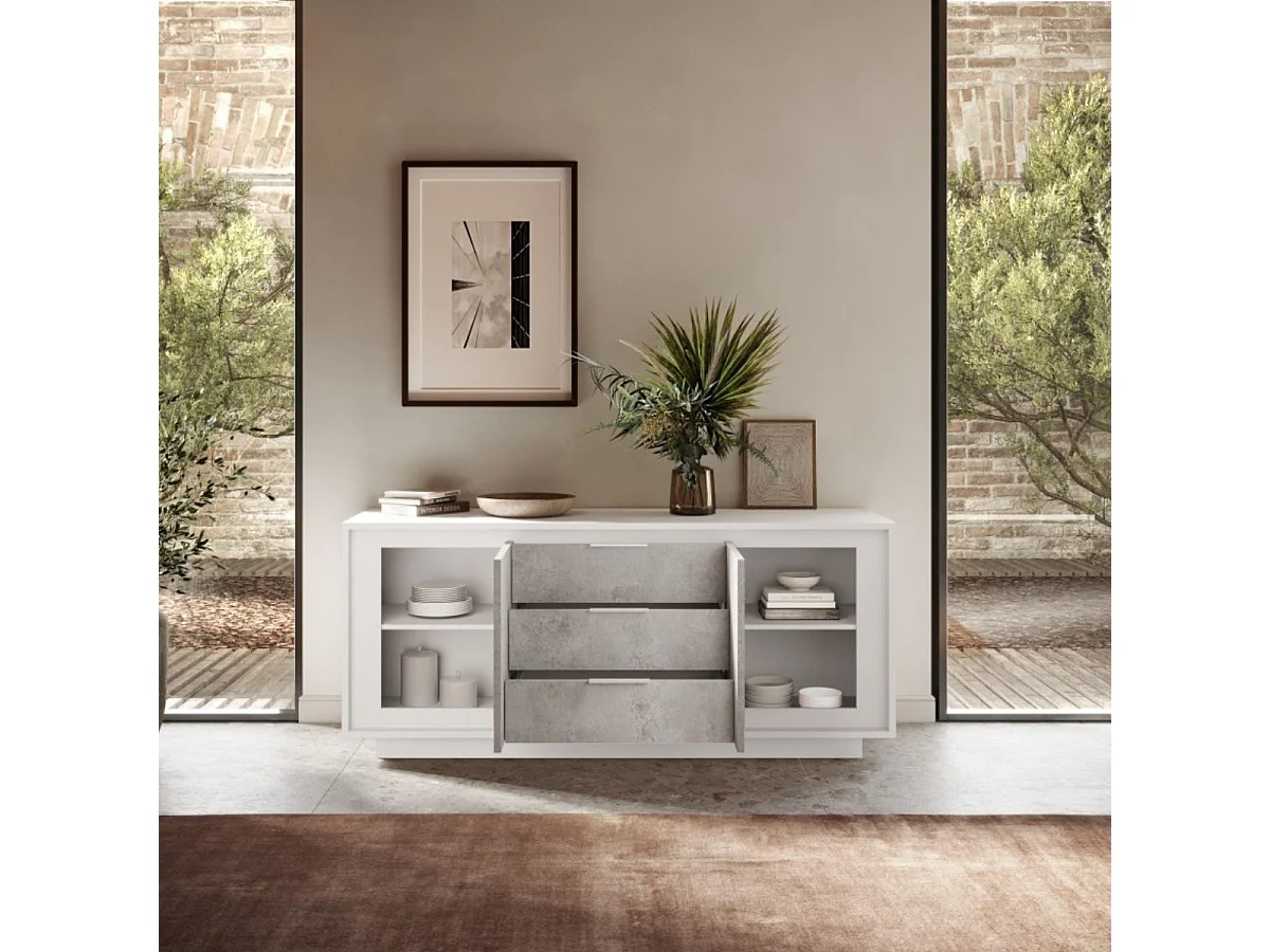 Buffet 2 portes 3 tiroirs blanc laqué façades aspect ciment piètement socle - AZONTO