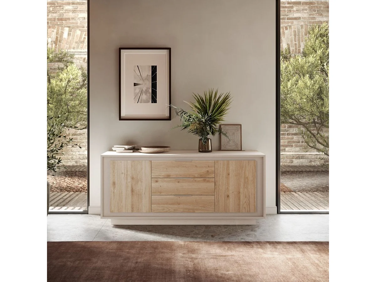 Buffet 2 portes 3 tiroirs beige poudré façades aspect bois finition Cadiz piètement socle - AZONTO