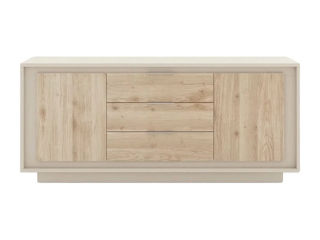 Buffet 2 portes 3 tiroirs beige poudré façades aspect bois finition Cadiz piètement socle - AZONTO