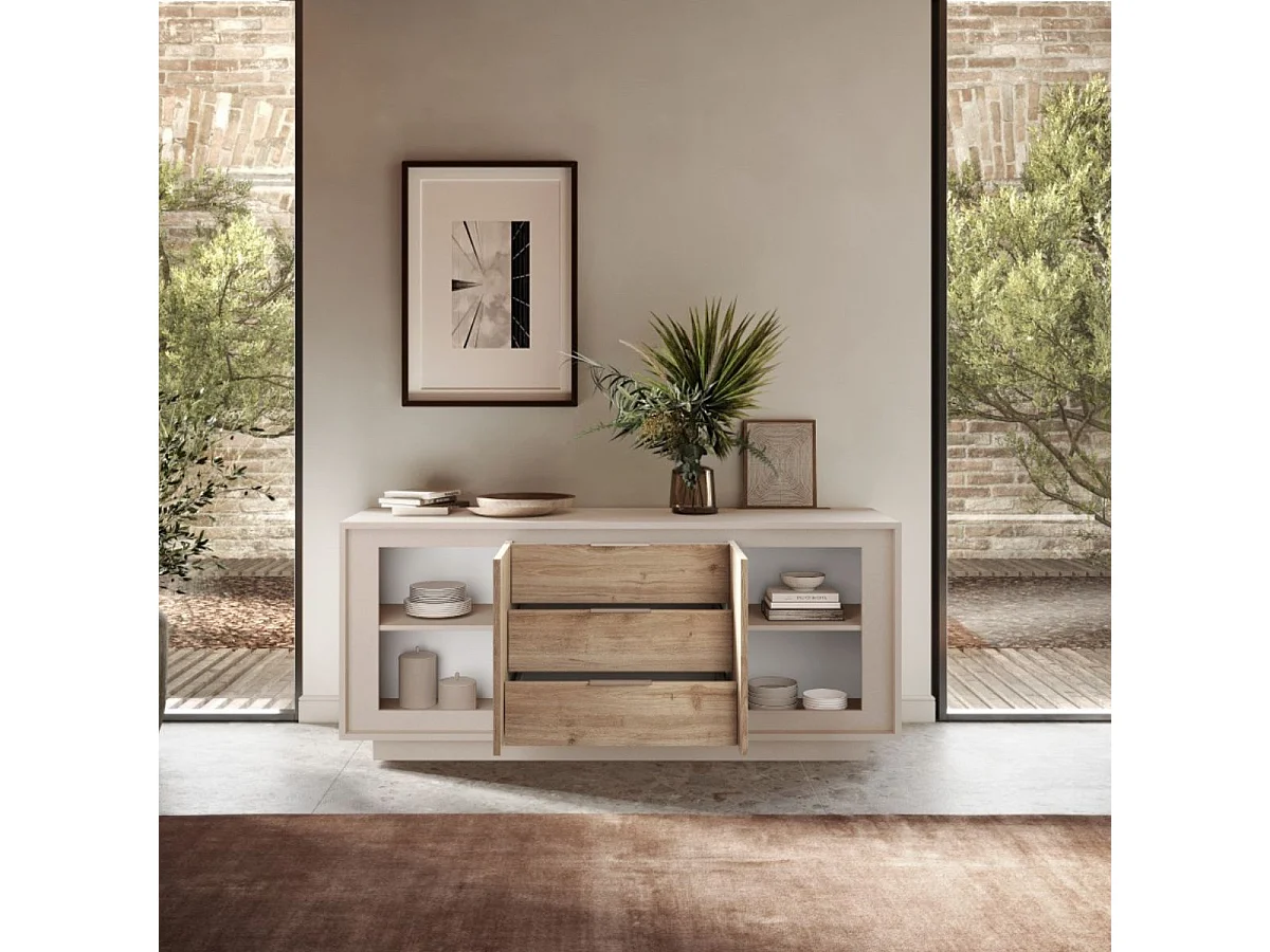 Buffet 2 portes 3 tiroirs beige poudré façades aspect bois finition Cadiz piètement socle - AZONTO