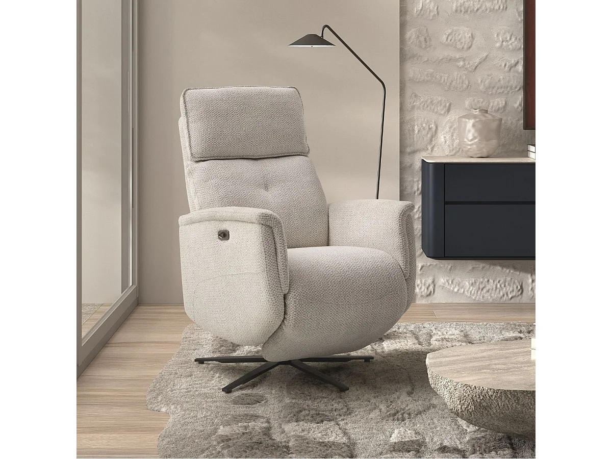 Fauteuil relax électrique pivotant avec têtière manuelle tissu chenille gris clair - PARADIZIO