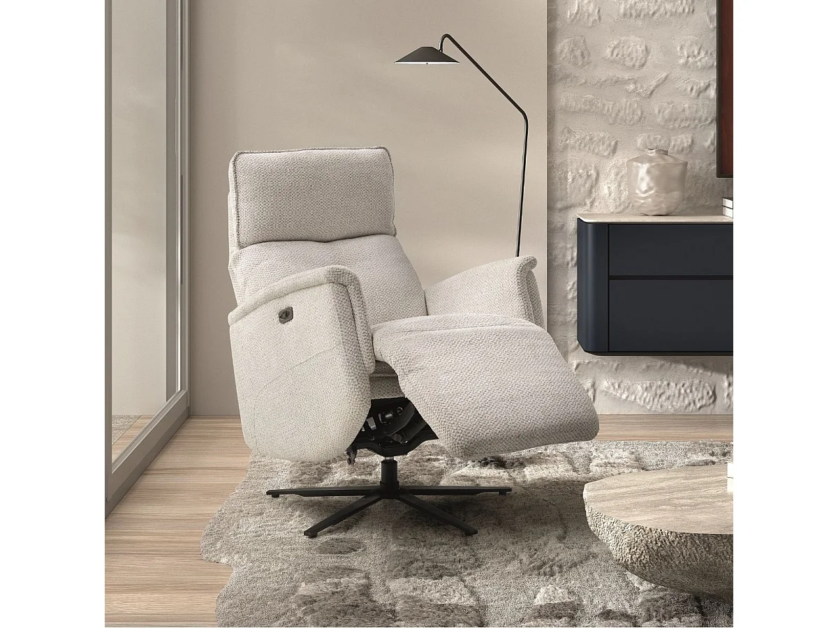 Fauteuil relax électrique pivotant avec têtière manuelle tissu chenille gris clair - PARADIZIO