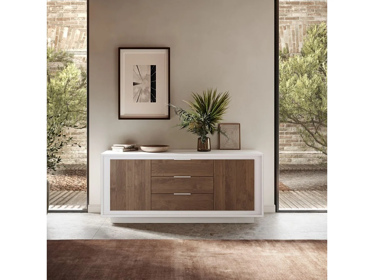 Buffet 2 portes 3 tiroirs blanc laqué façades aspect bois finition Mercure piètement socle - AZONTO